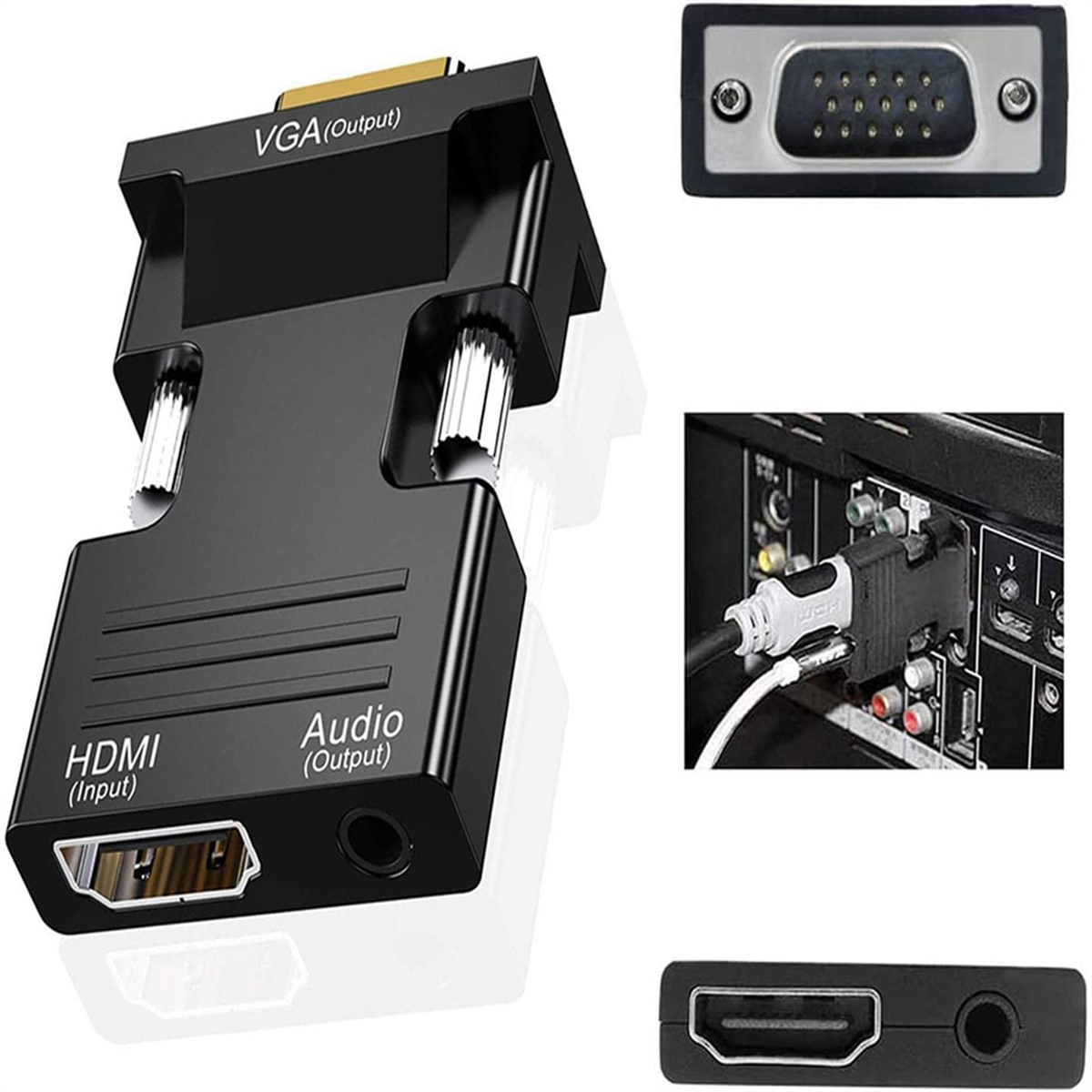 Schwarzer HDMI-zu-VGA-Adapter mit Details und Nahaufnahmen der Anschlüsse.