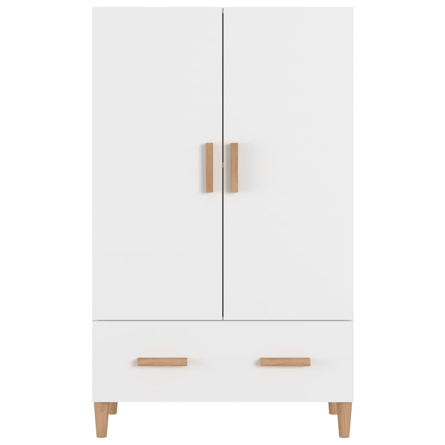Weißer Kleiderschrank mit zwei Türen und einer Schublade. Holzgriffe und -beine.