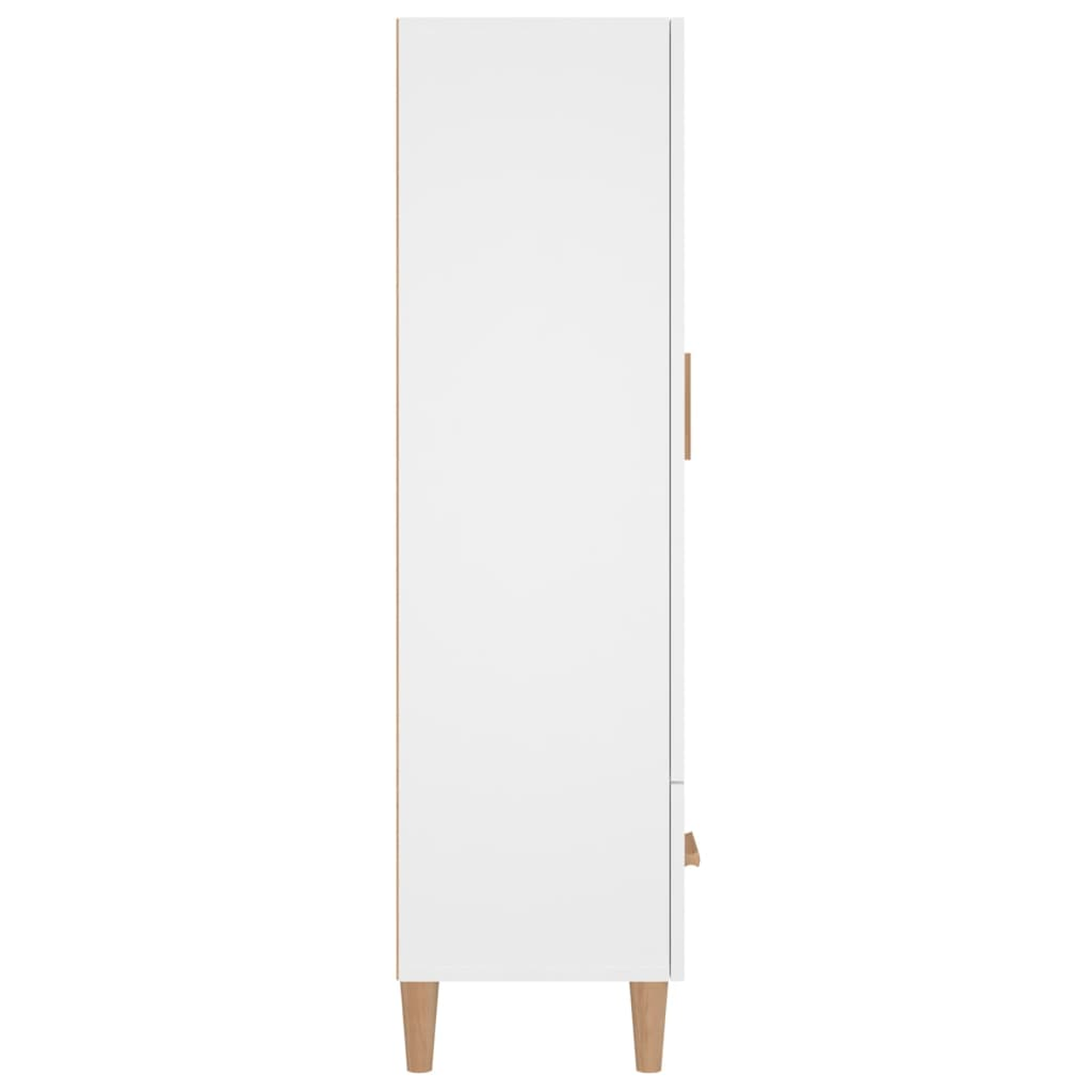 Weißer Schrank, Seitenansicht, mit Holzseitenwand und kleiner Schublade. Der Schrank steht auf Holzbeinen. Weißer Hintergrund.
