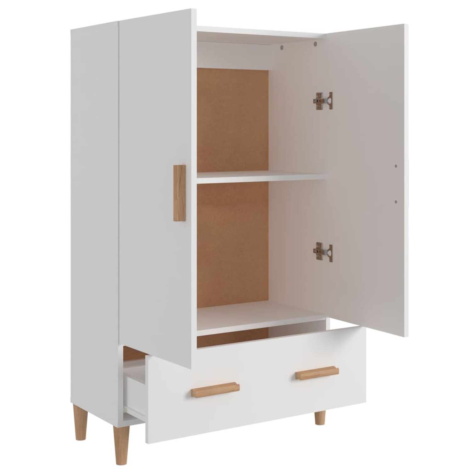 Ein weißer Schrank mit offenen Türen, der Regale und eine Schublade zeigt. Der Schrank hat Holzgriffe und -beine.