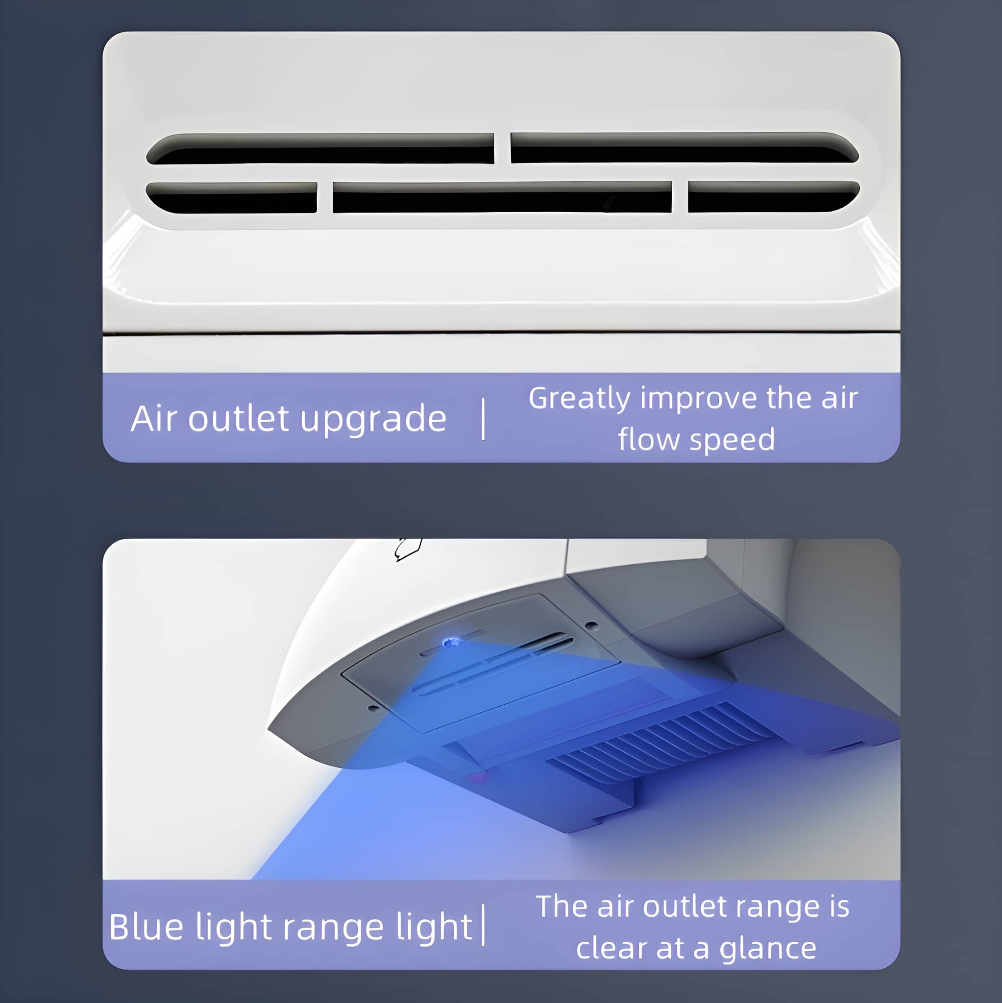 Zwei Bilder, die Luftauslass-Upgrades zeigen. Oben sind die Lüftungsschlitze, unten blaues Licht.