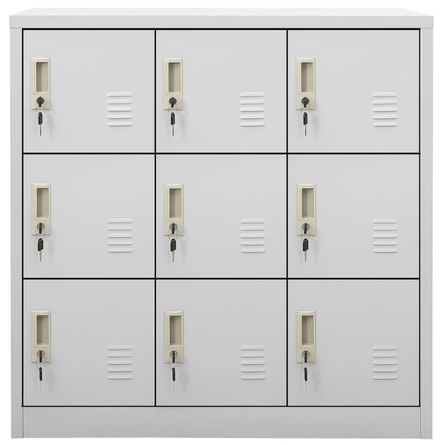 Grauer Schrank mit neun Türen und Schlüsseln in den Schlössern. Weißer Hintergrund.