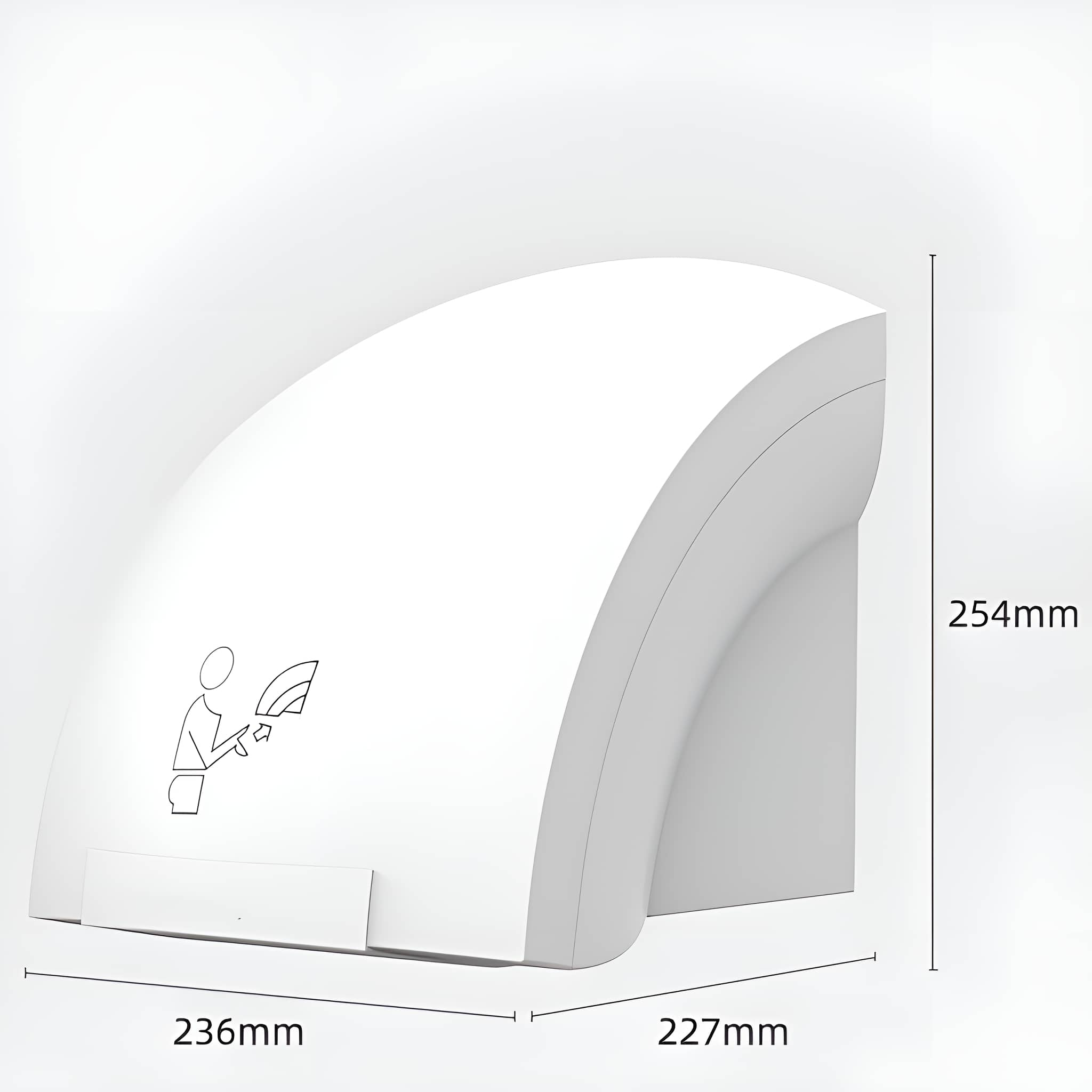 Ein weißer Händetrockner mit Abmessungen in Millimetern. Er hat ein geschwungenes Design.