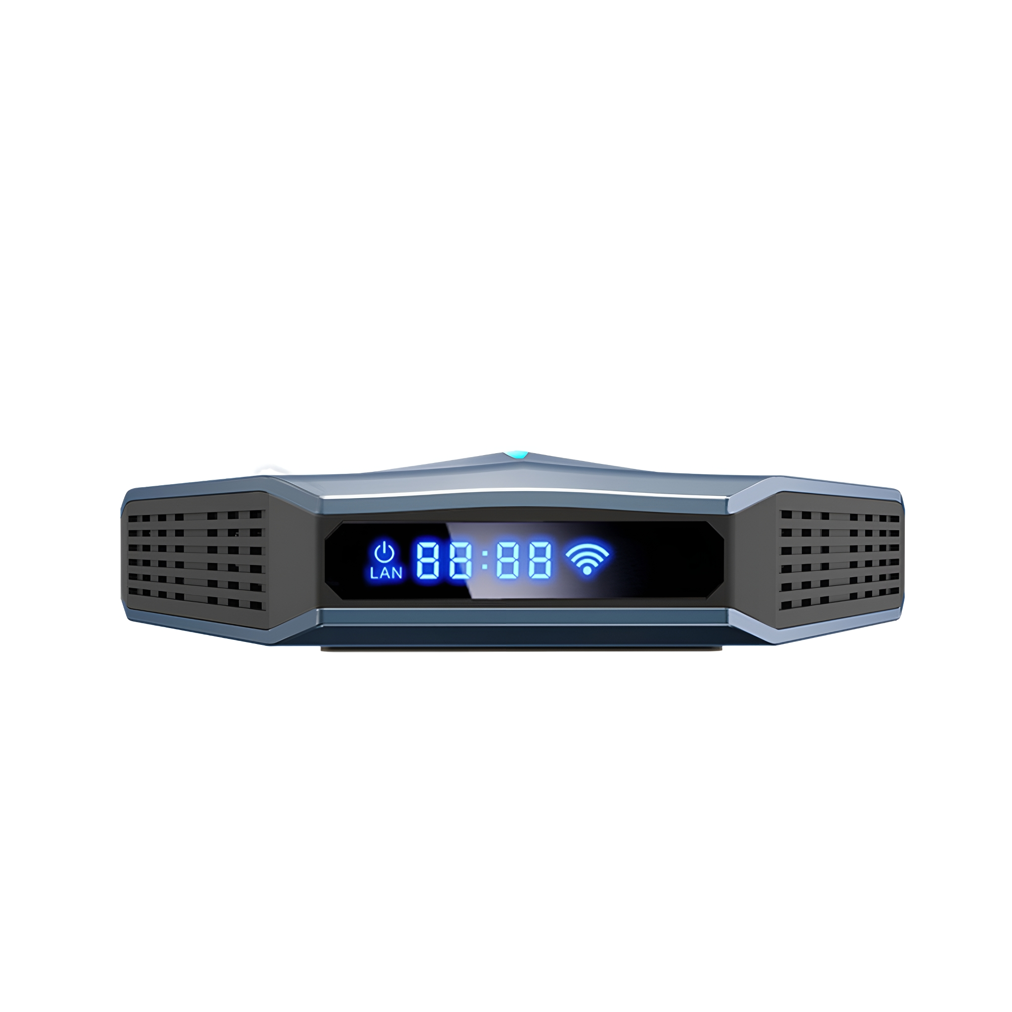 Eine graue Set-Top-Box mit einem Display, das Zahlen und ein WLAN-Symbol zeigt. Die Box ist rechteckig.