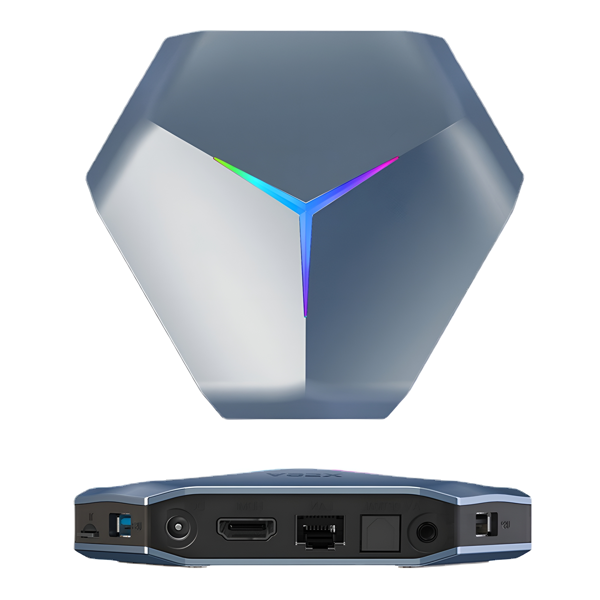 Ein blauer und grauer Mediaplayer mit Anschlüssen und einem leuchtenden Logo.