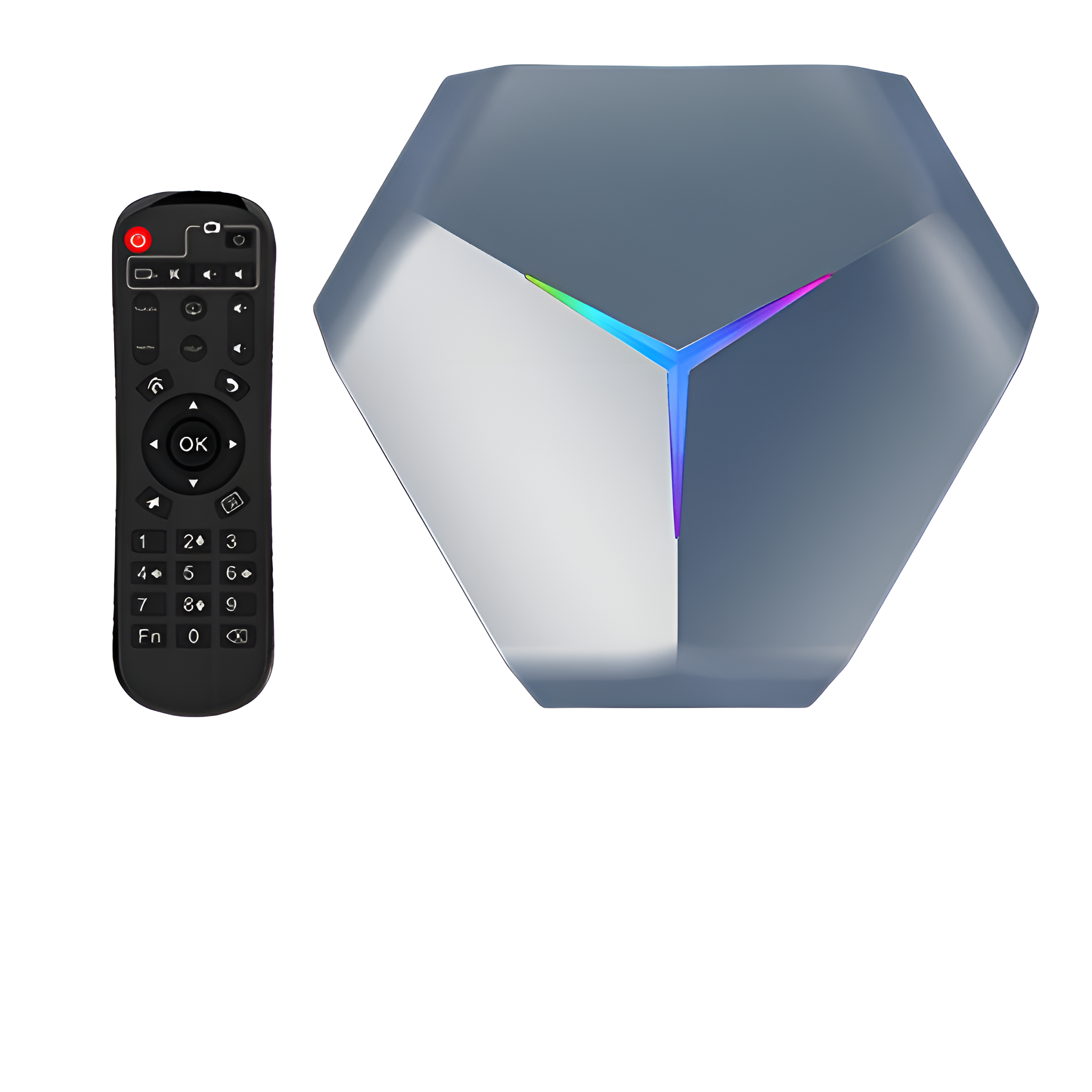 Silberner Mediaplayer mit Fernbedienung. Ein silberner Mediaplayer mit Fernbedienung. Die Fernbedienung hat viele Tasten.
