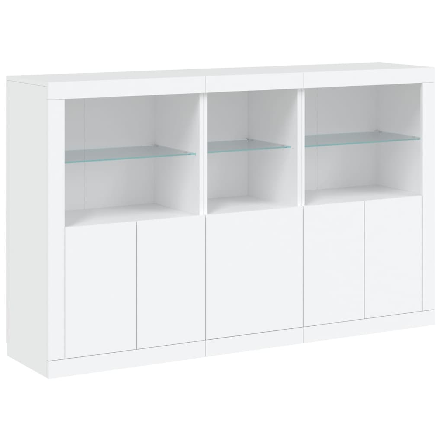 Weißer Schrank mit Glasböden und Türen. Er hat drei Abschnitte mit Glasböden.