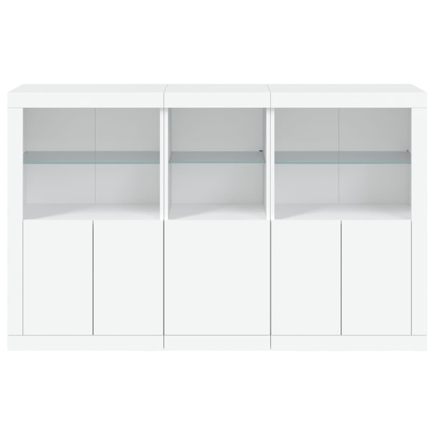 Weißer Schrank mit drei Abschnitten, Glasböden und Türen. Er hat ein modernes Design.