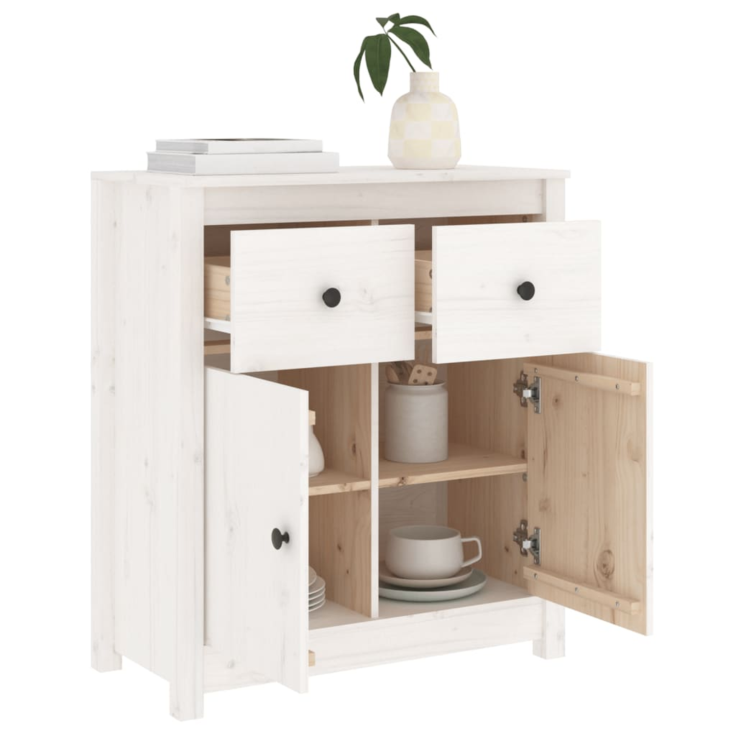 Weißer Schrank mit offenen Türen, Schubladen und Gegenständen darin. Enthält eine Vase und eine Tasse.