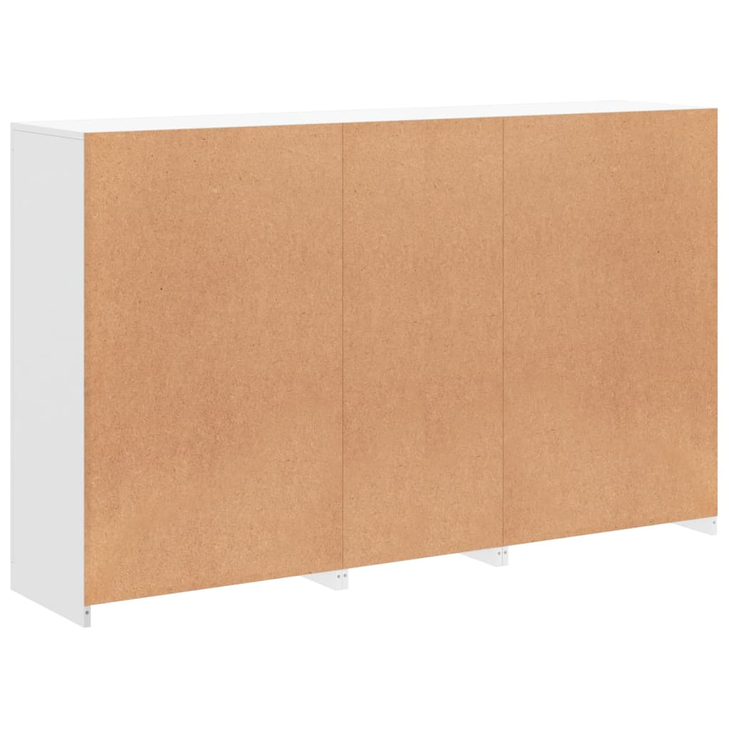 Weißer Schrank mit brauner Rückseite, drei Türen und weißen Stützen.