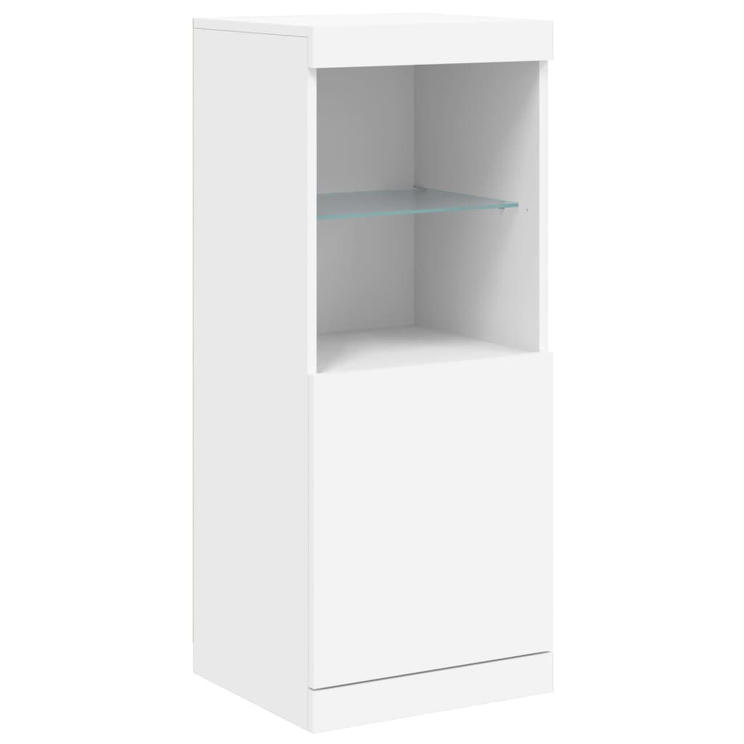 Ein weißer Schrank mit einem offenen oberen Bereich und einem geschlossenen Boden. Es gibt ein Glasregal.