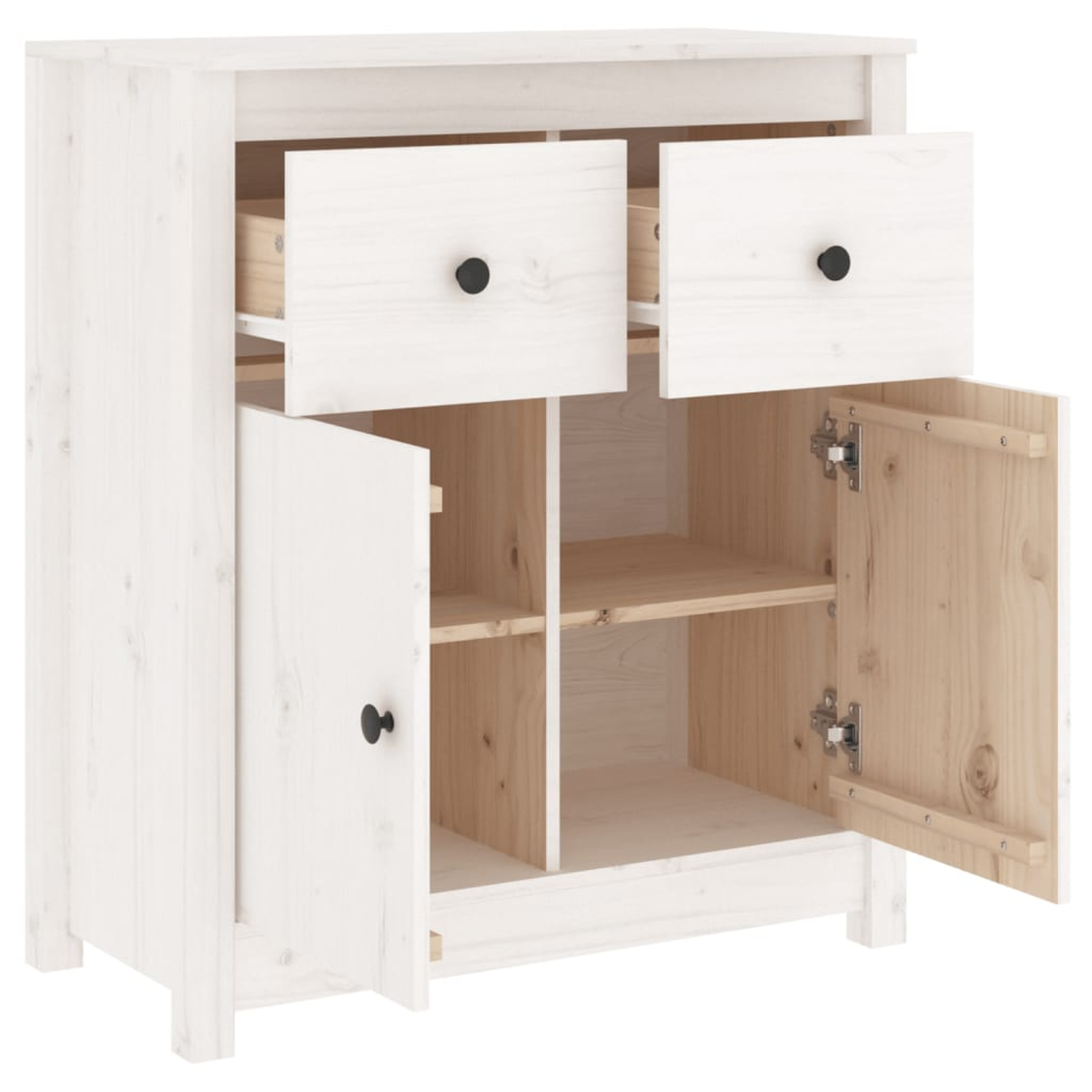 Ein weißer Holzschrank mit zwei Schubladen und zwei offenen Türen, die Regale zeigen. Schwarze Knöpfe und Beschläge.