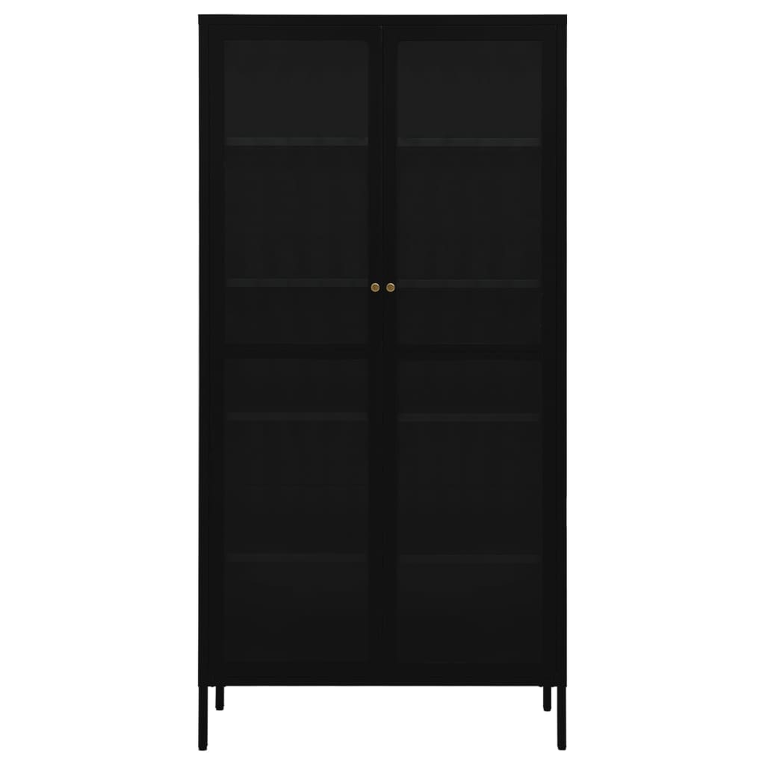 Schwarzer Schrank mit Glastüren, Messinggriffen, auf schwarzen Beinen, weißer Hintergrund.