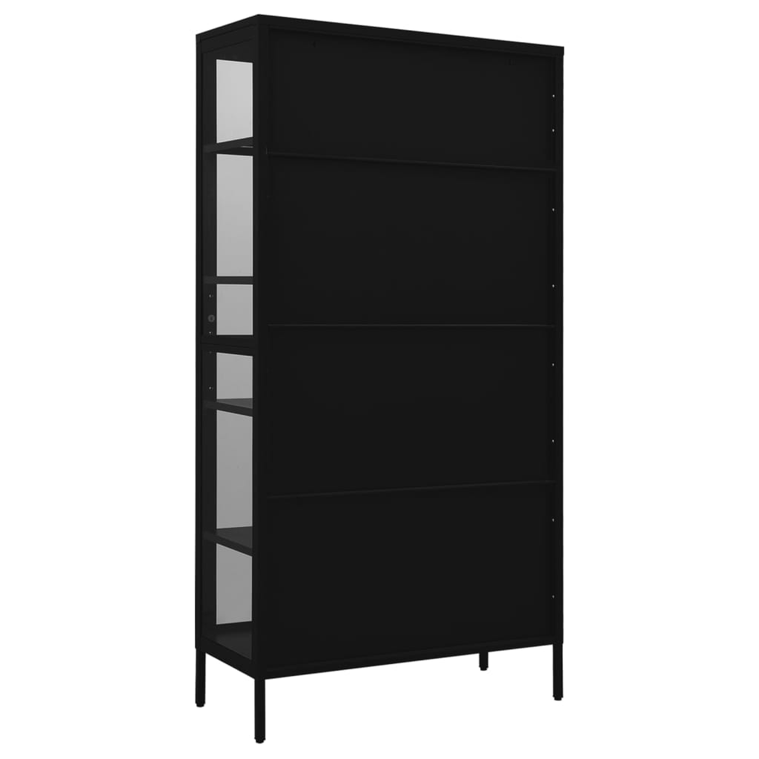 Schwarzer Schrank mit Glastüren und Regalen, vor weißem Hintergrund.