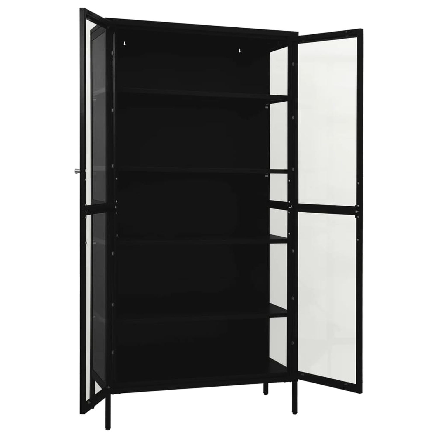 Schwarzer Metallschrank mit geöffneten Glastüren, die Regale freigeben.