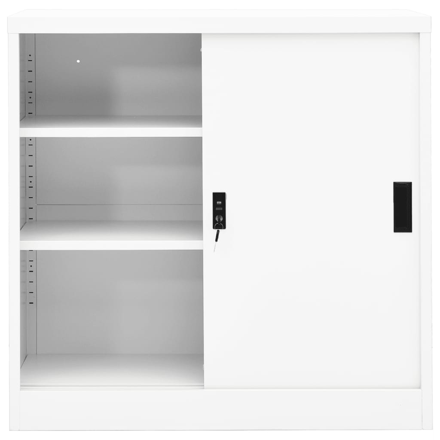 Weißer Metallschrank mit Schiebetür, Regalen und Schloss. Innenraum sichtbar.