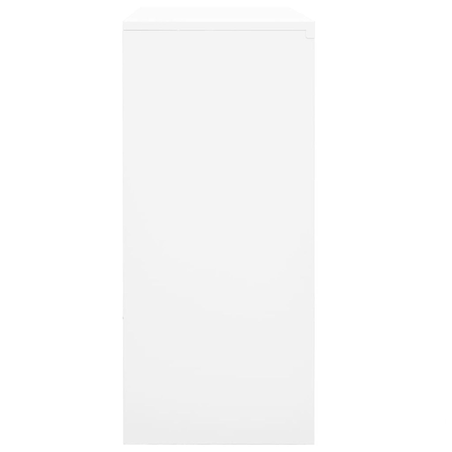 Weißer, rechteckiger Schrank, sauberes Design. Keine sichtbaren Griffe oder Details. Glatte Oberfläche.