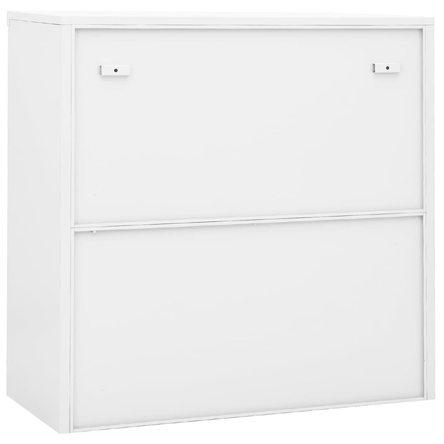 Weißer Schrank, geschlossen. Er ist an der Wand montiert. Die Vorderseite ist schlicht und weiß. Zwei kleine Halterungen sind sichtbar.