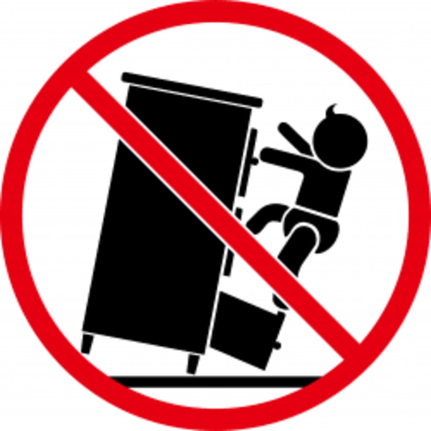 Schild, das ein Baby zeigt, das versucht, einen kippenden Schrank hochzuklettern, mit rotem Kreis und Schrägstrich.