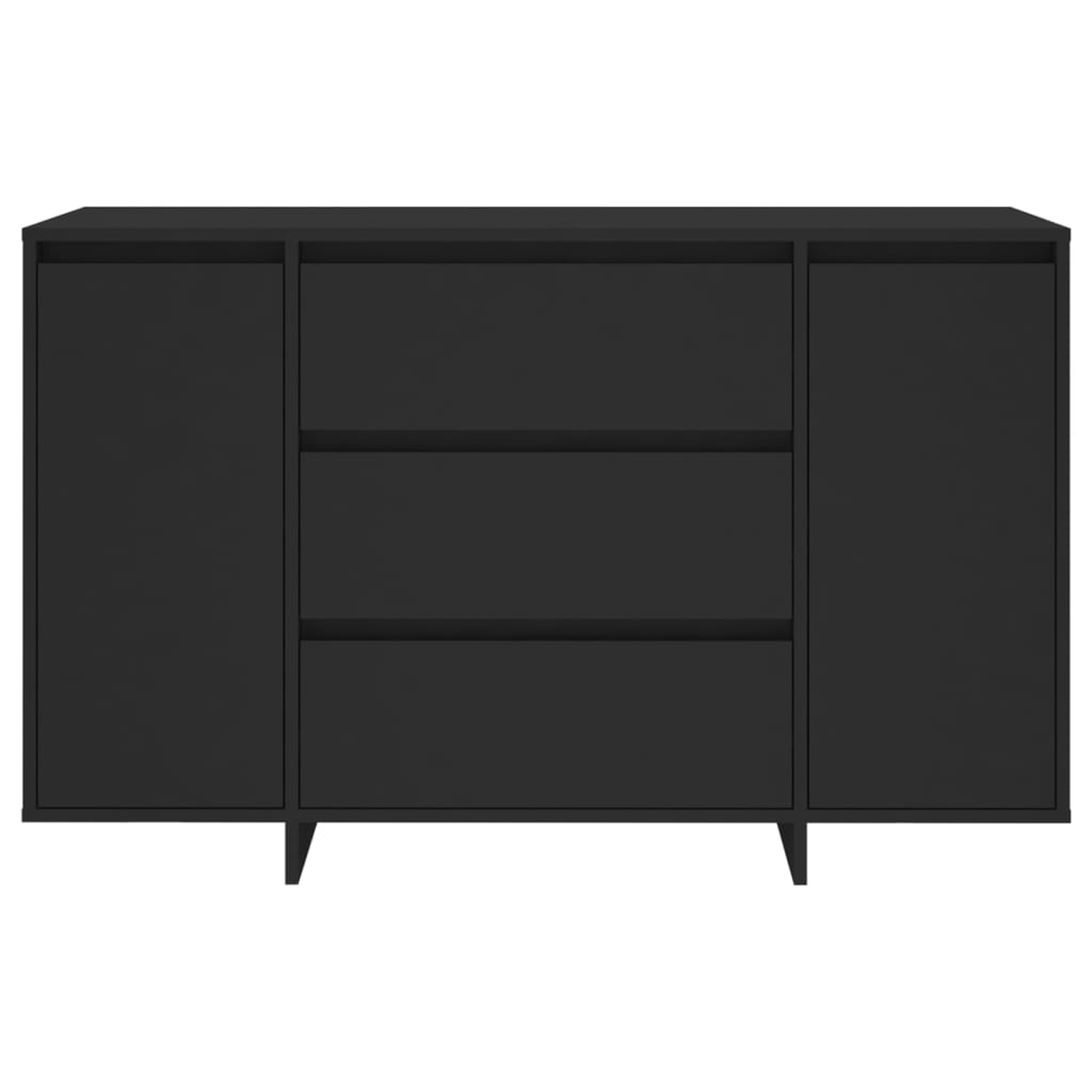 Schwarzer Schrank mit Türen und Schubladen. Ein dunkles Holzmöbelstück mit minimalistischem Design.