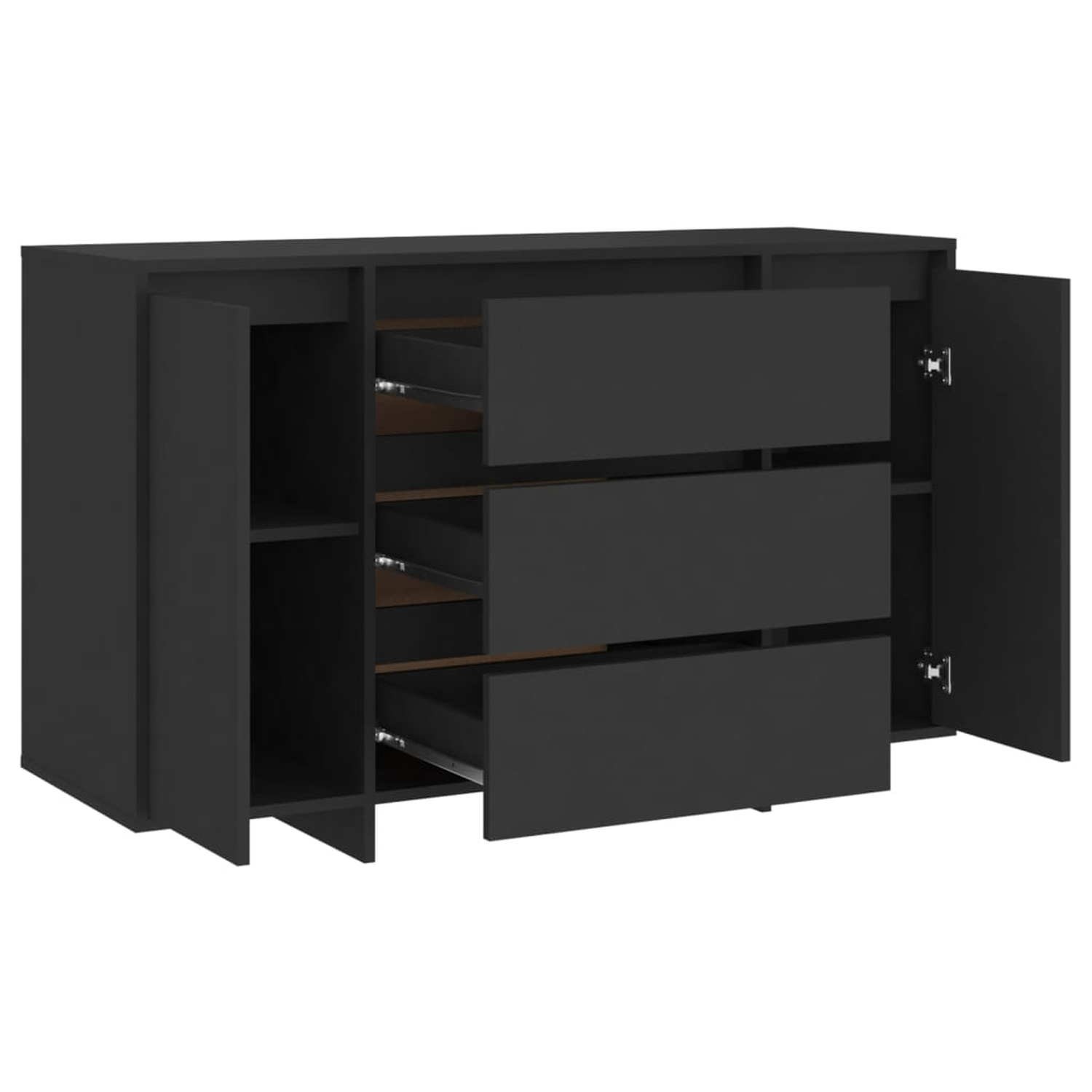Schwarzes Sideboard mit drei Schubladen und Türen. Schubladen geschlossen, Türen offen.