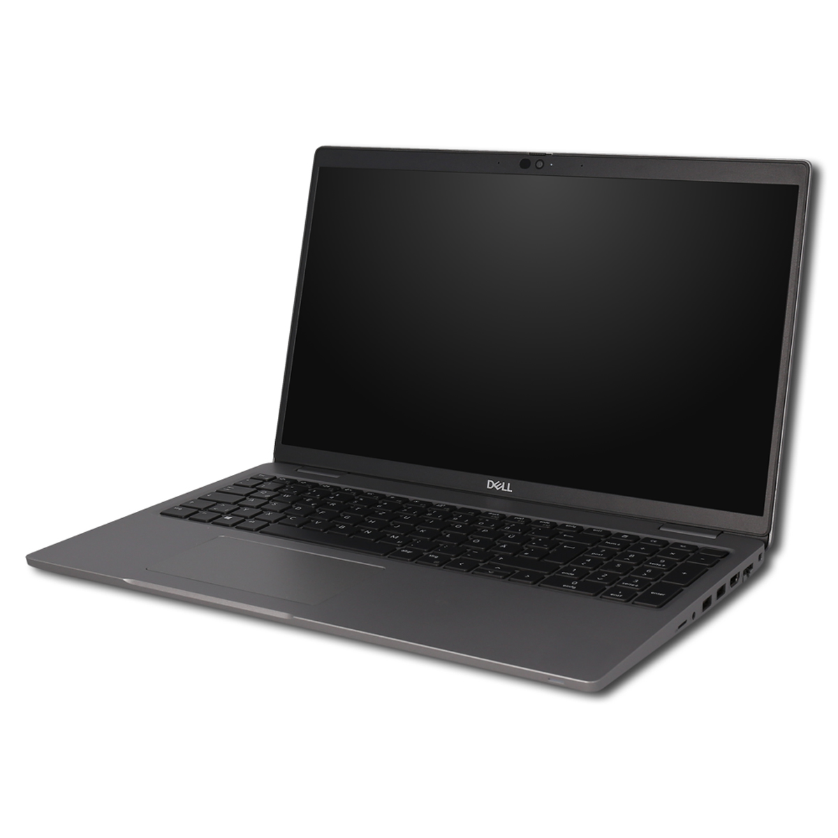 Dell-Laptop auf weißem Hintergrund. Er ist grau, geöffnet und der Bildschirm zeigt ein dunkles Bild.