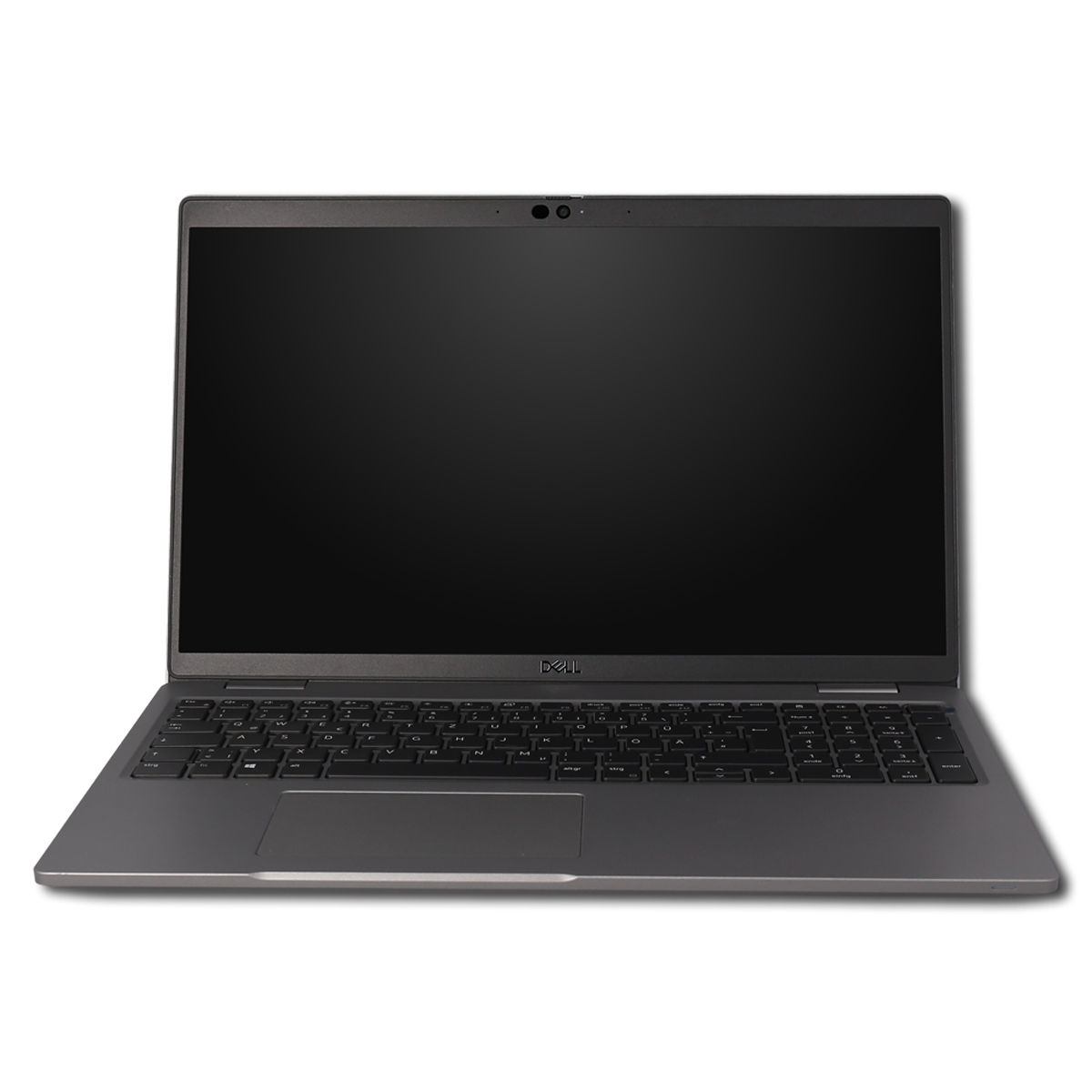 Laptop mit schwarzem Bildschirm, Tastatur und Trackpad.