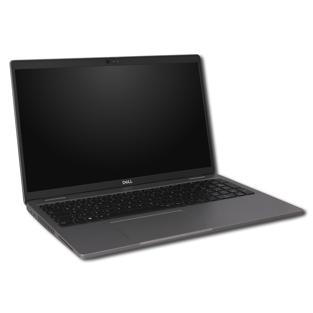 Ein grauer Laptop auf weißem Hintergrund, geöffnet, mit einem dunklen Bildschirm.