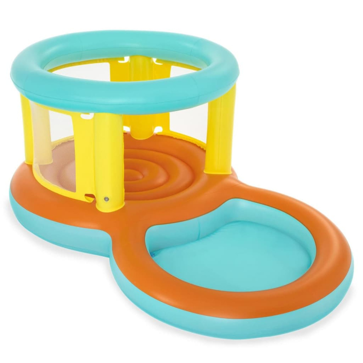 Piscina inflable azul, amarilla y naranja con un aro de baloncesto.