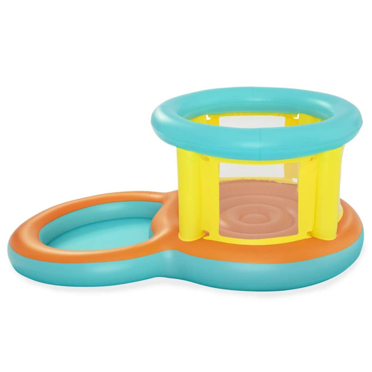 Piscina inflable con dos secciones: una pequeña piscina y una estructura con área de juego.