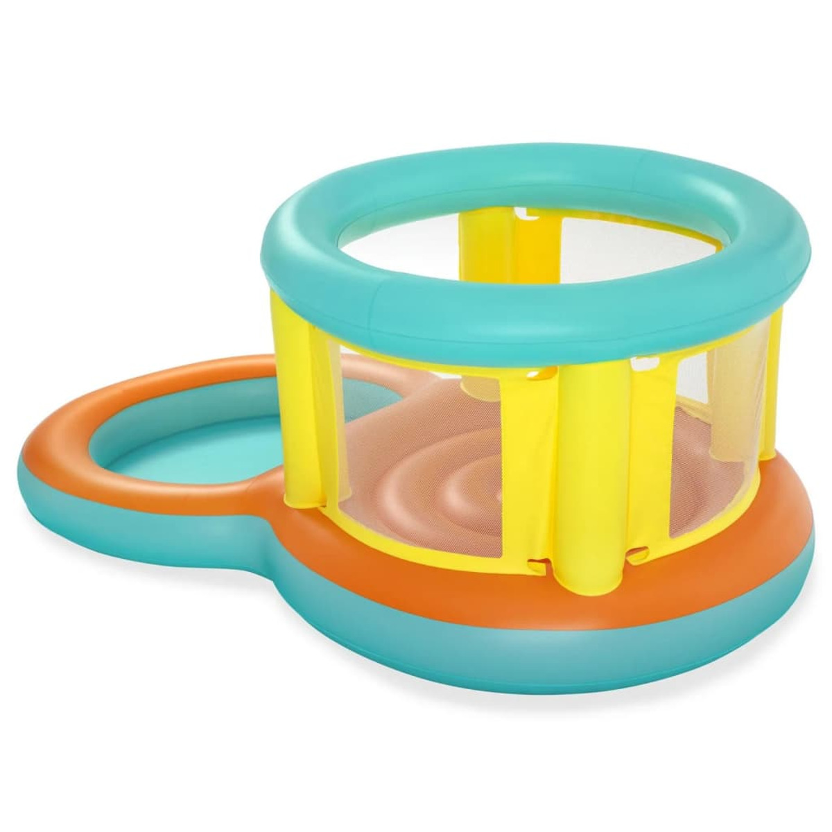 Estructura inflable con piscina, pilares amarillos y anillo superior azul.