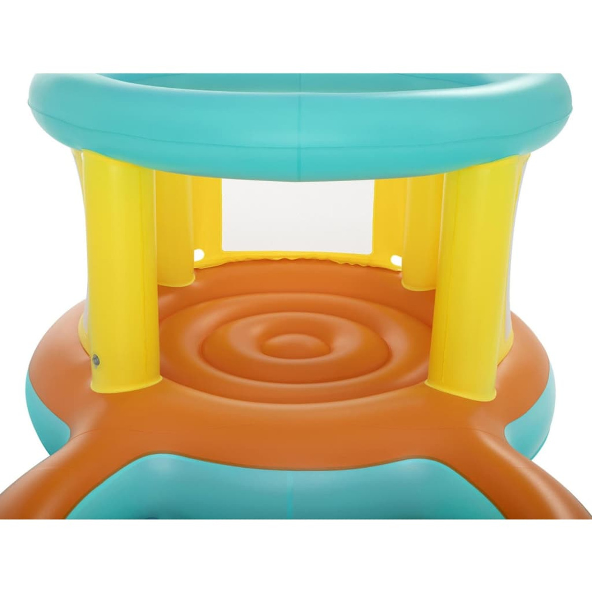 Juego inflable con base redonda, pilares amarillos y parte superior turquesa. Paneles de malla blanca.