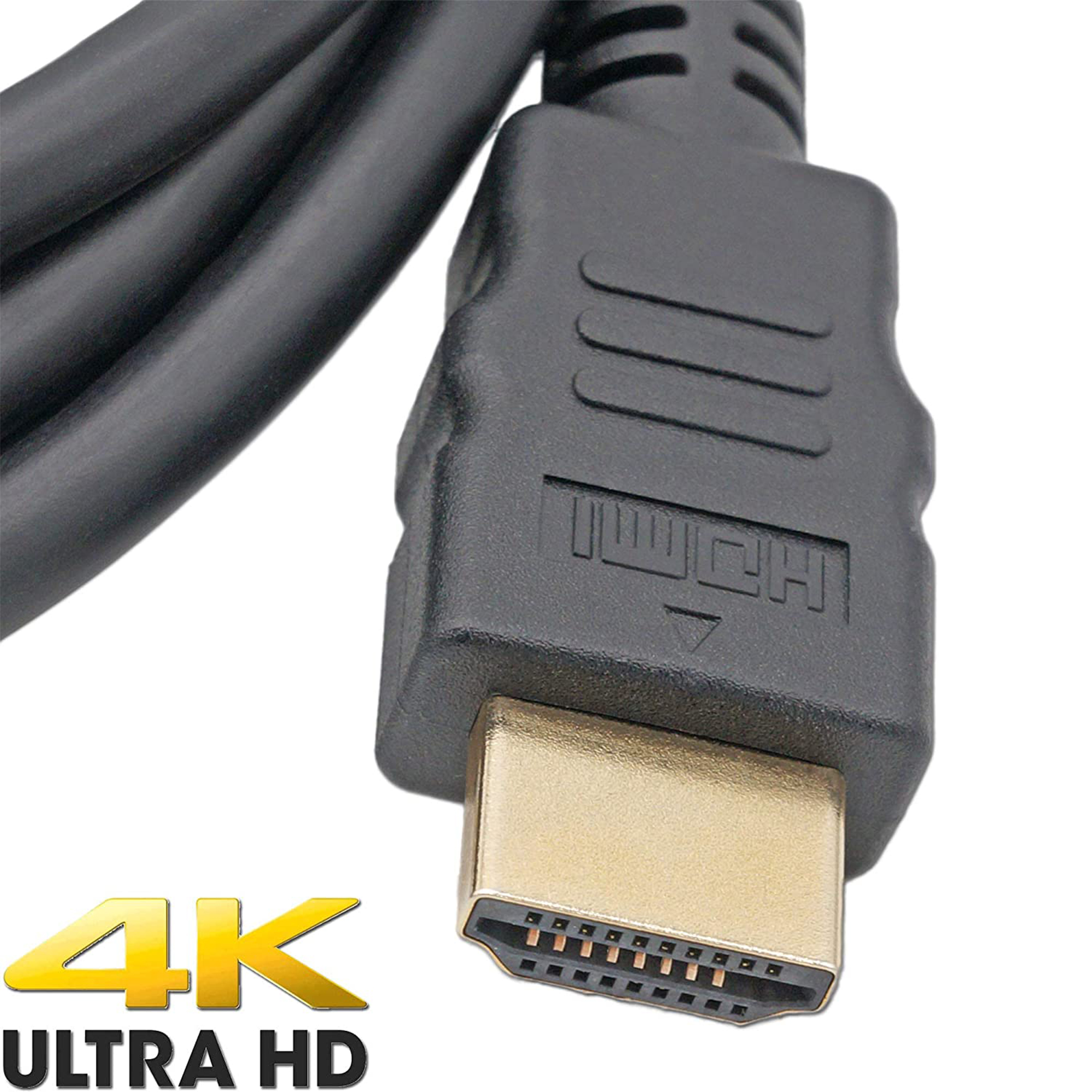 Nahaufnahme eines schwarzen HDMI-Kabelsteckers mit goldfarbenen Stiften und der Aufschrift 4K Ultra HD.