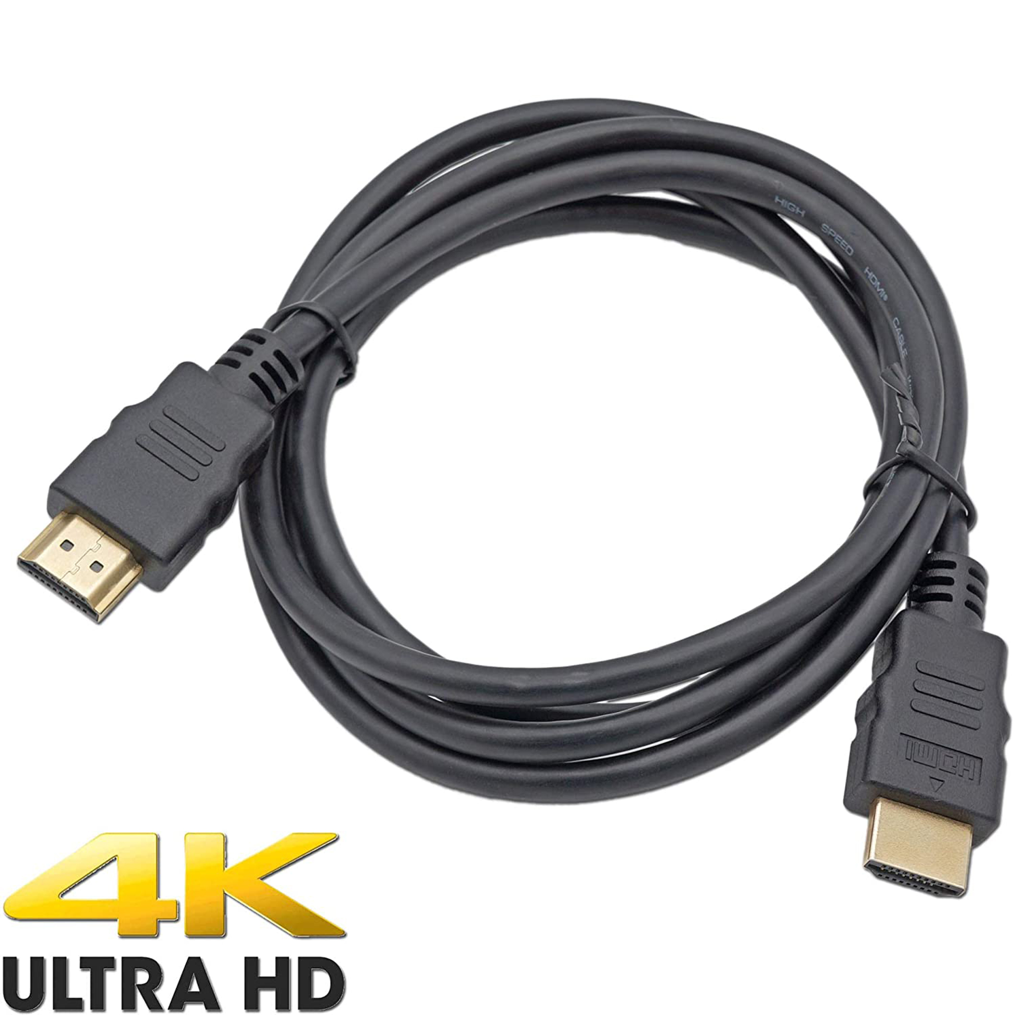 Schwarzes HDMI-Kabel mit Anschlüssen an beiden Enden. 4K ULTRA HD-Etikett unten im Bild.