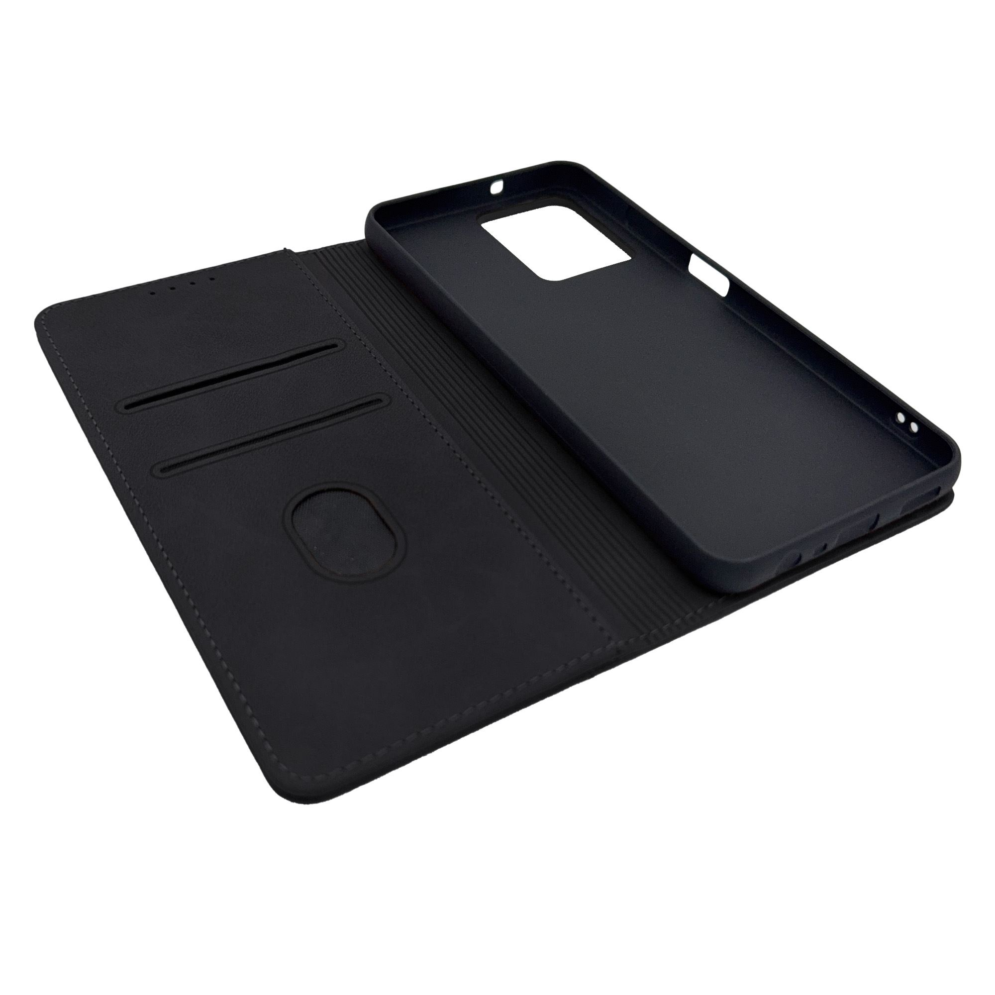 Geöffnete schwarze Handyhülle mit Kartenfächern.