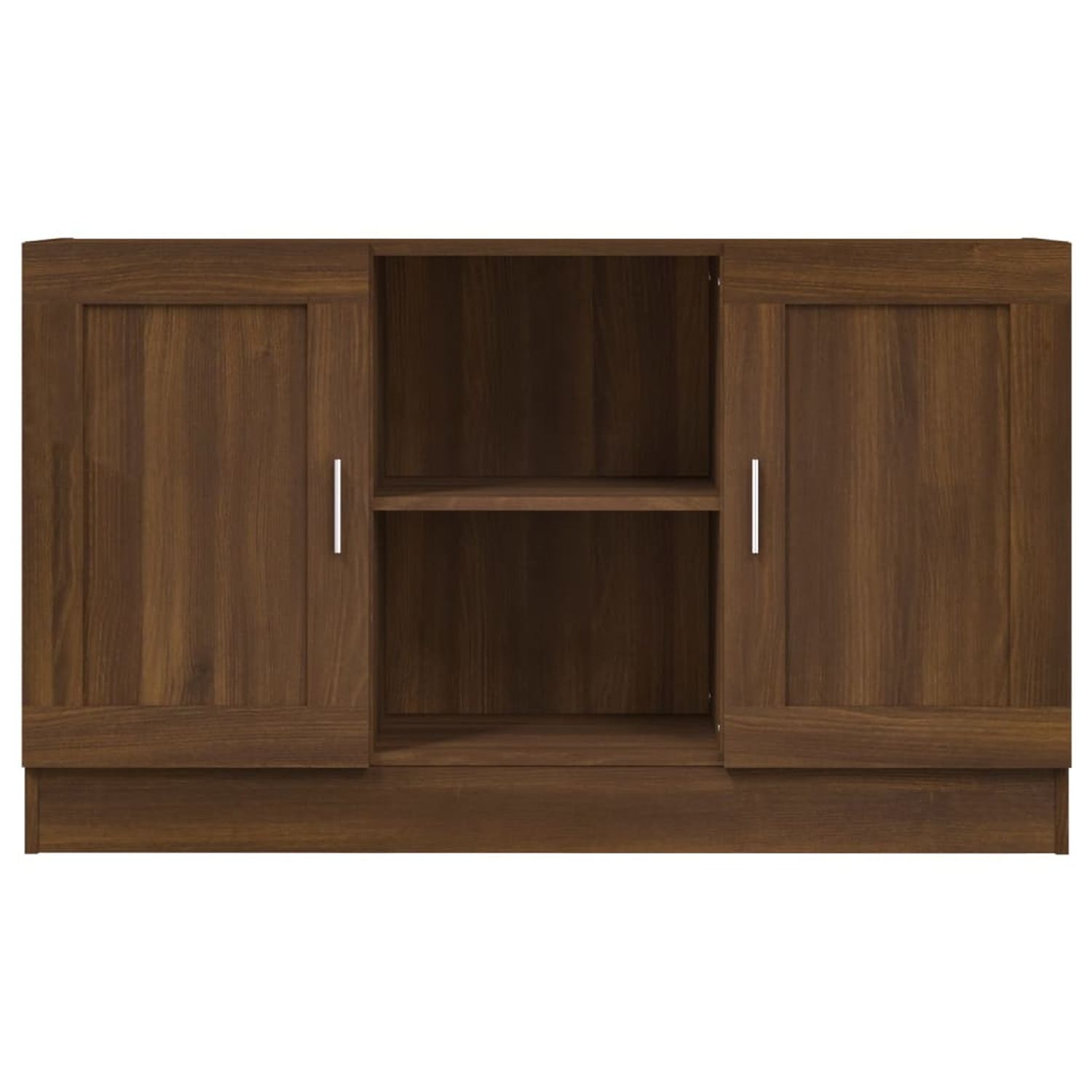 Brauner Holzschrank mit zwei Türen und einem Regal in der Mitte. Der Schrank steht vor weißem Hintergrund.