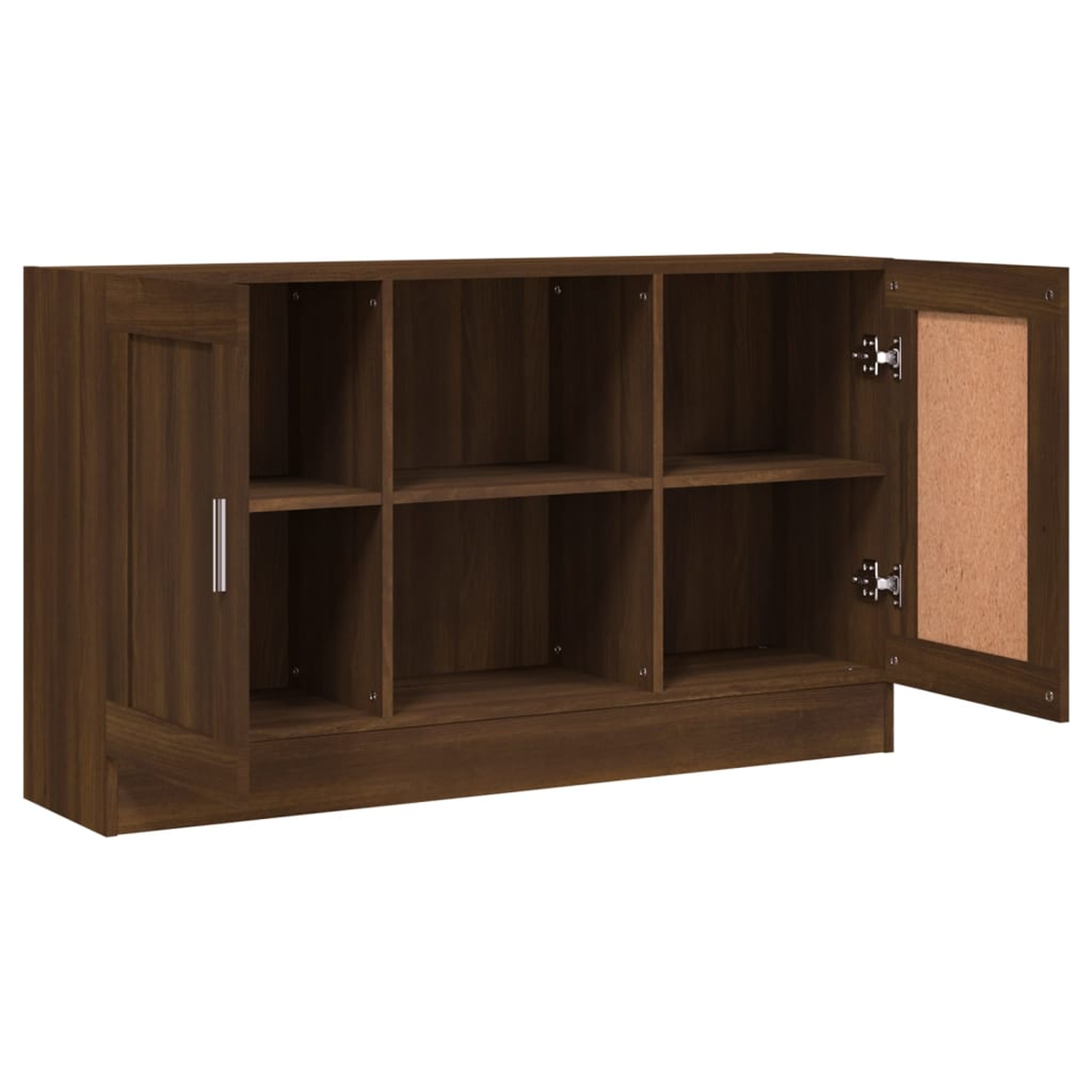 Ein Holzschrank mit sechs Fächern und zwei Türen. Eine Tür ist geöffnet und zeigt das Innere.