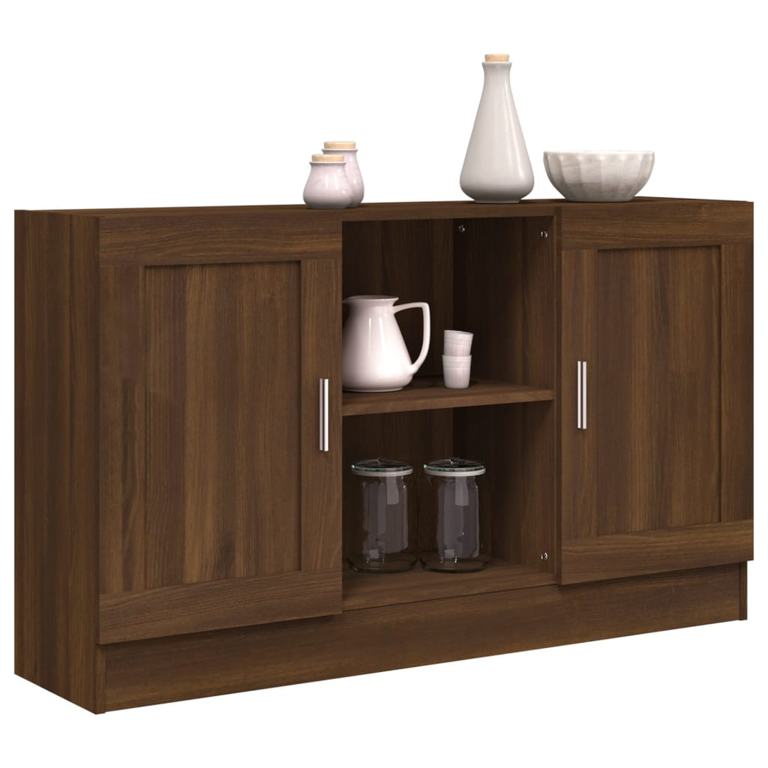 Ein Holzschrank mit Türen und Regalen, der weiße Gläser und Dekorationsartikel enthält.