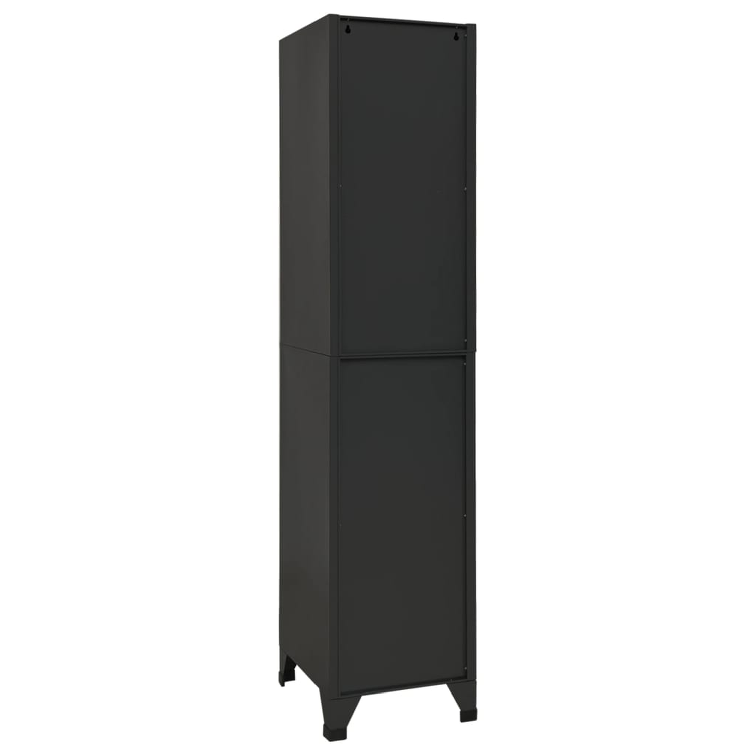 Ein hoher, schwarzer, rechteckiger Schrank. Die Rückseite ist flach, die Seiten glatt. Schlichtes Design.