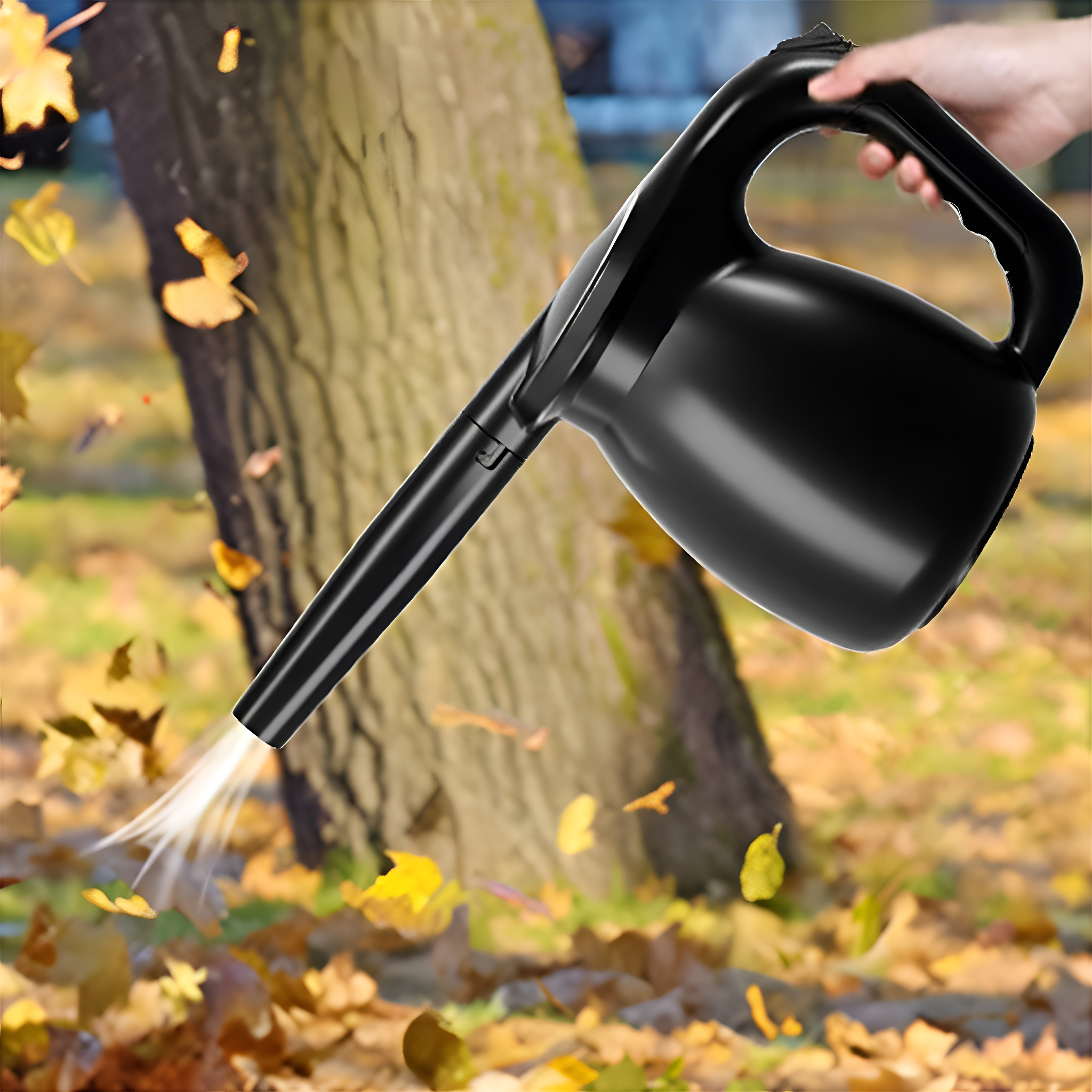 Schwarzes Laubgebläse bläst Blätter in der Nähe eines Baumes. Herbstfarben vorhanden.
