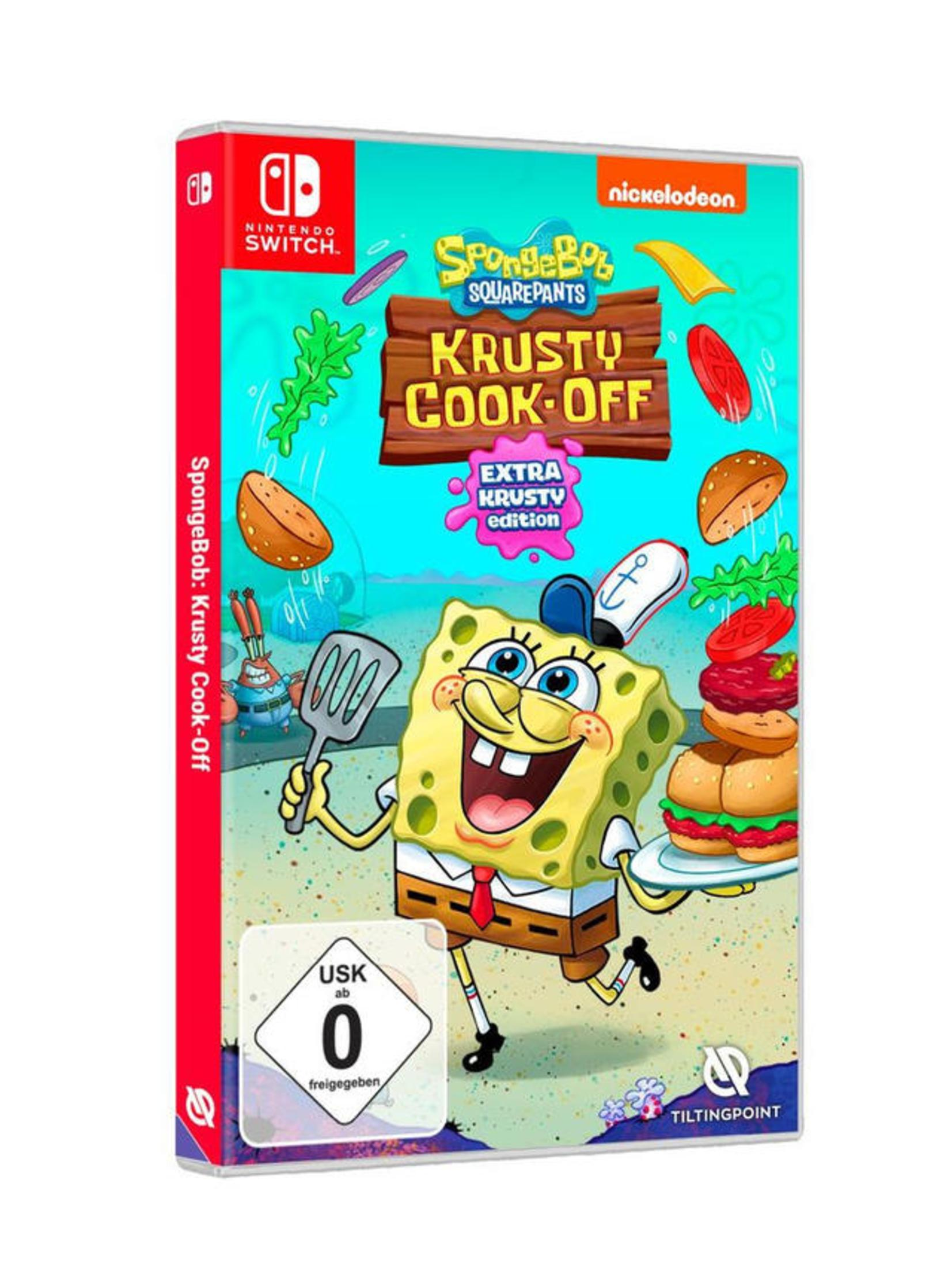 Spielhülle von Spongebob Squarepants: Krusty Cook-Off, mit Spongebob- und Burger-Illustrationen.