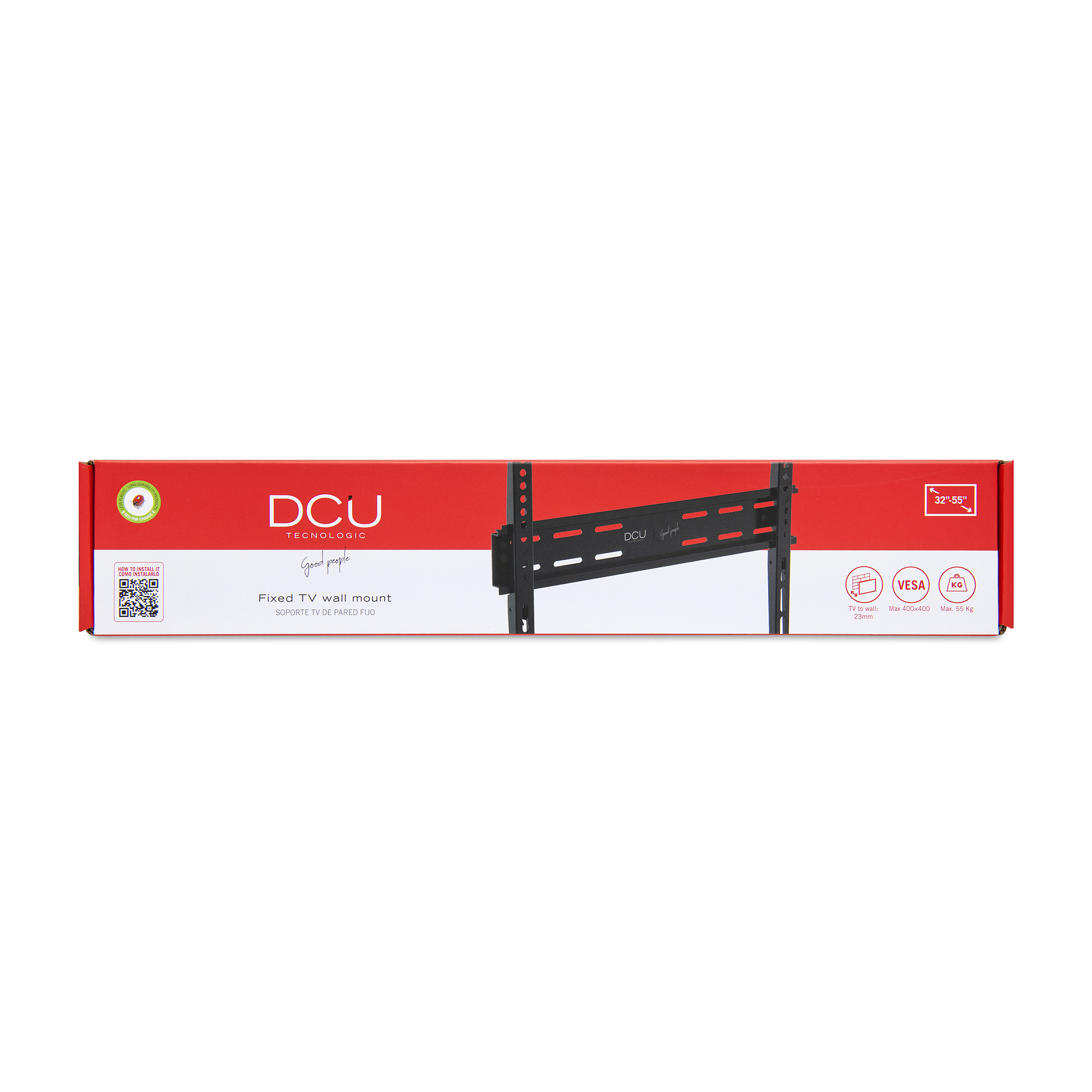 Soporte de pared para TV fijo en caja. Texto: DCU TECHNOLOGIC. Incluye código QR, VESA e información de peso.