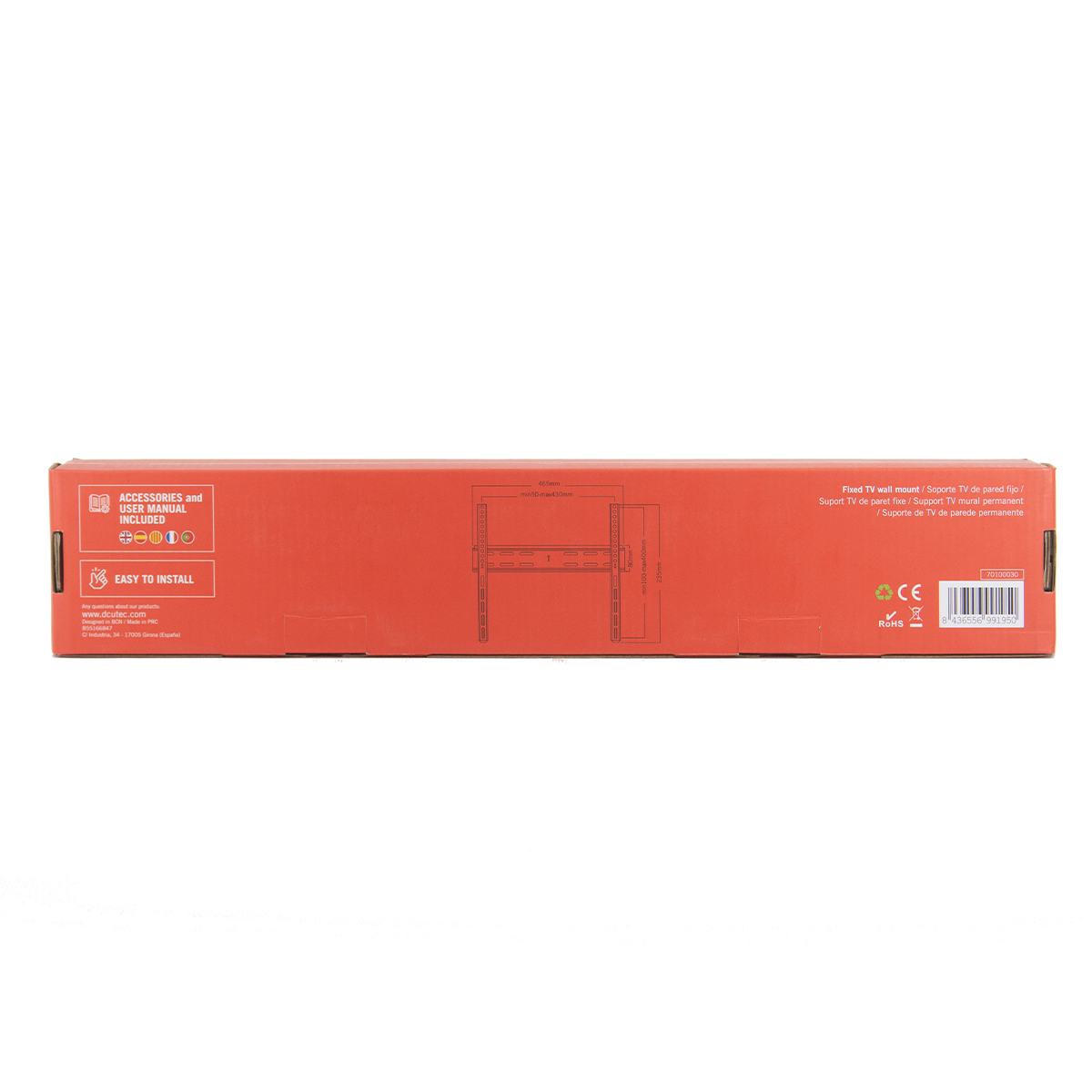 Una caja de montaje de TV. Texto rojo y blanco sobre fondo naranja. Incluye diagramas y dimensiones.
