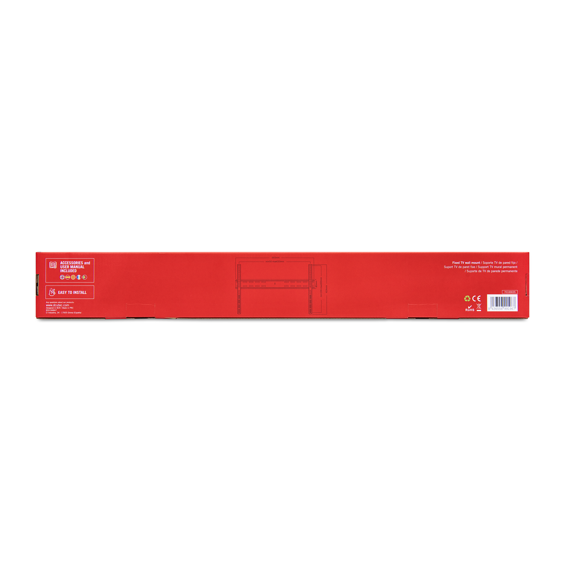 Caja roja con texto y gráfico, instrucciones de montaje del soporte de TV visibles.