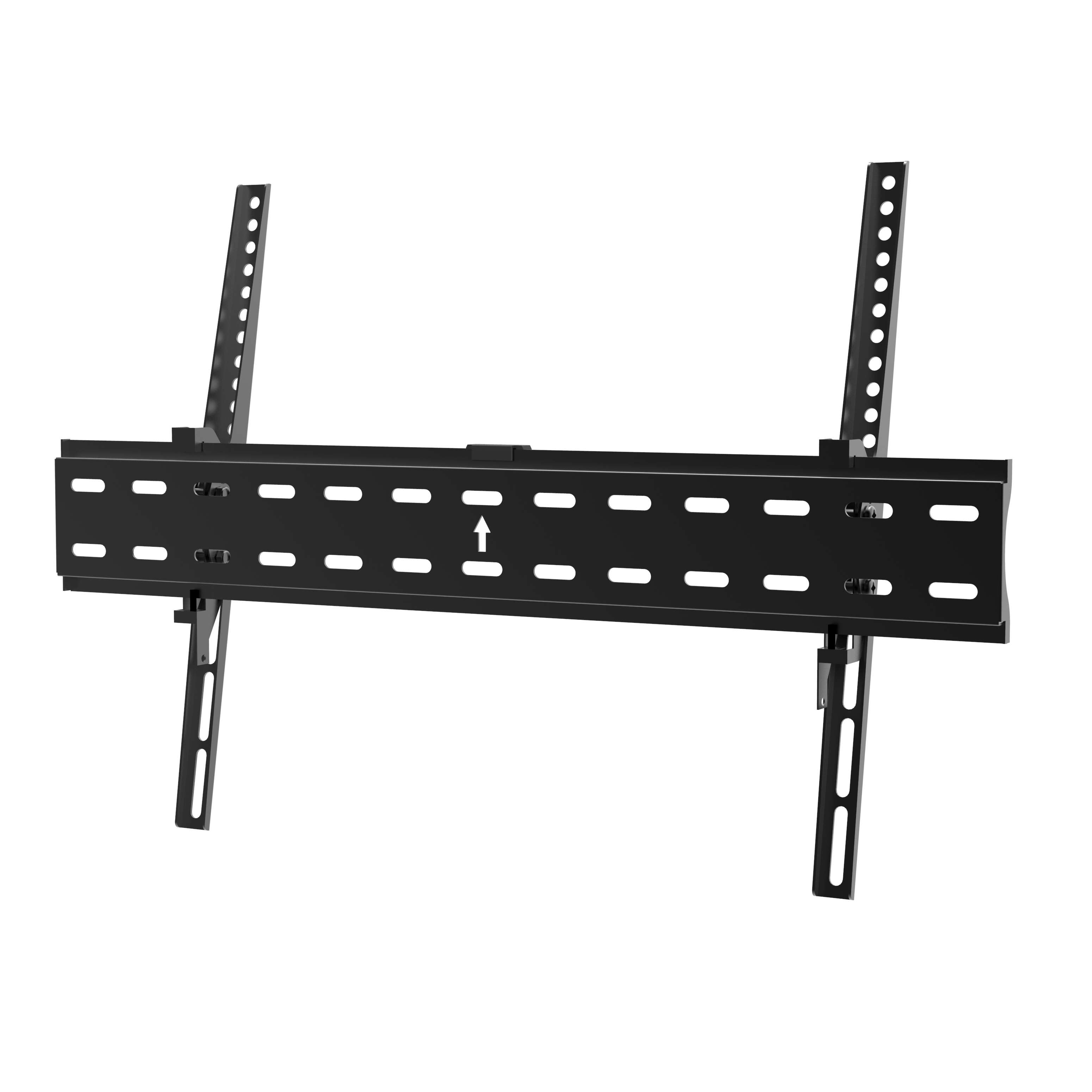 Soporte de pared para TV negro. Múltiples agujeros de montaje y flecha.