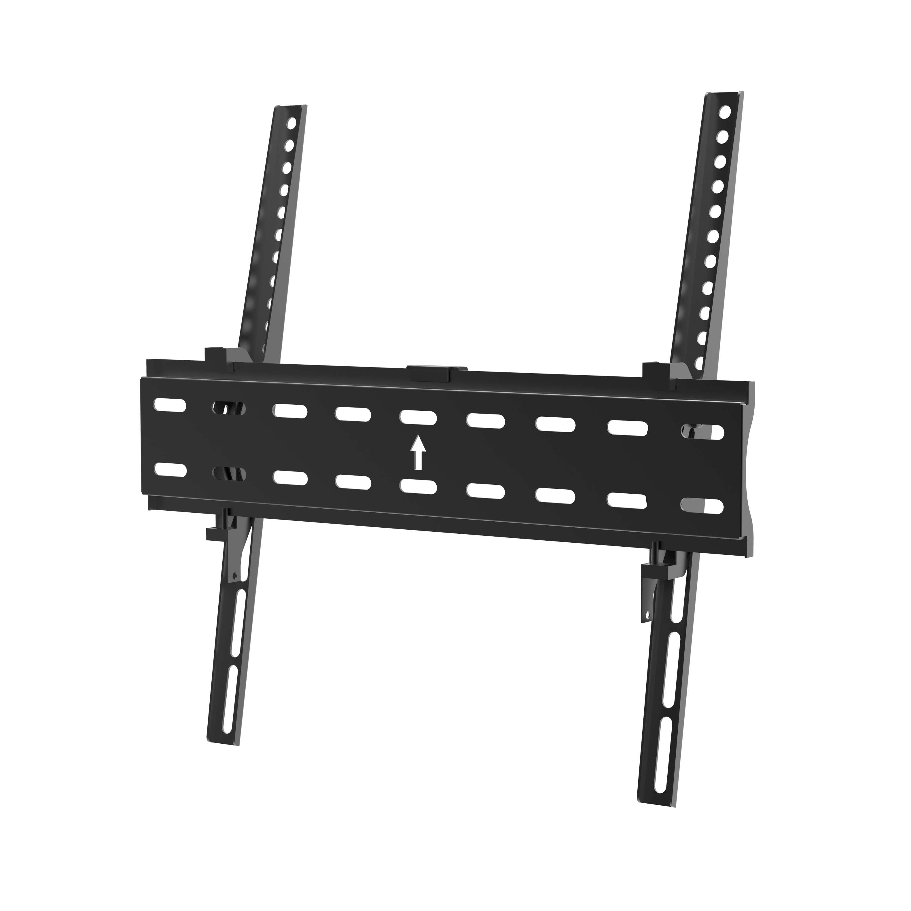 Soporte de pared para TV negro, con rieles de montaje y una flecha que indica la dirección de ajuste.