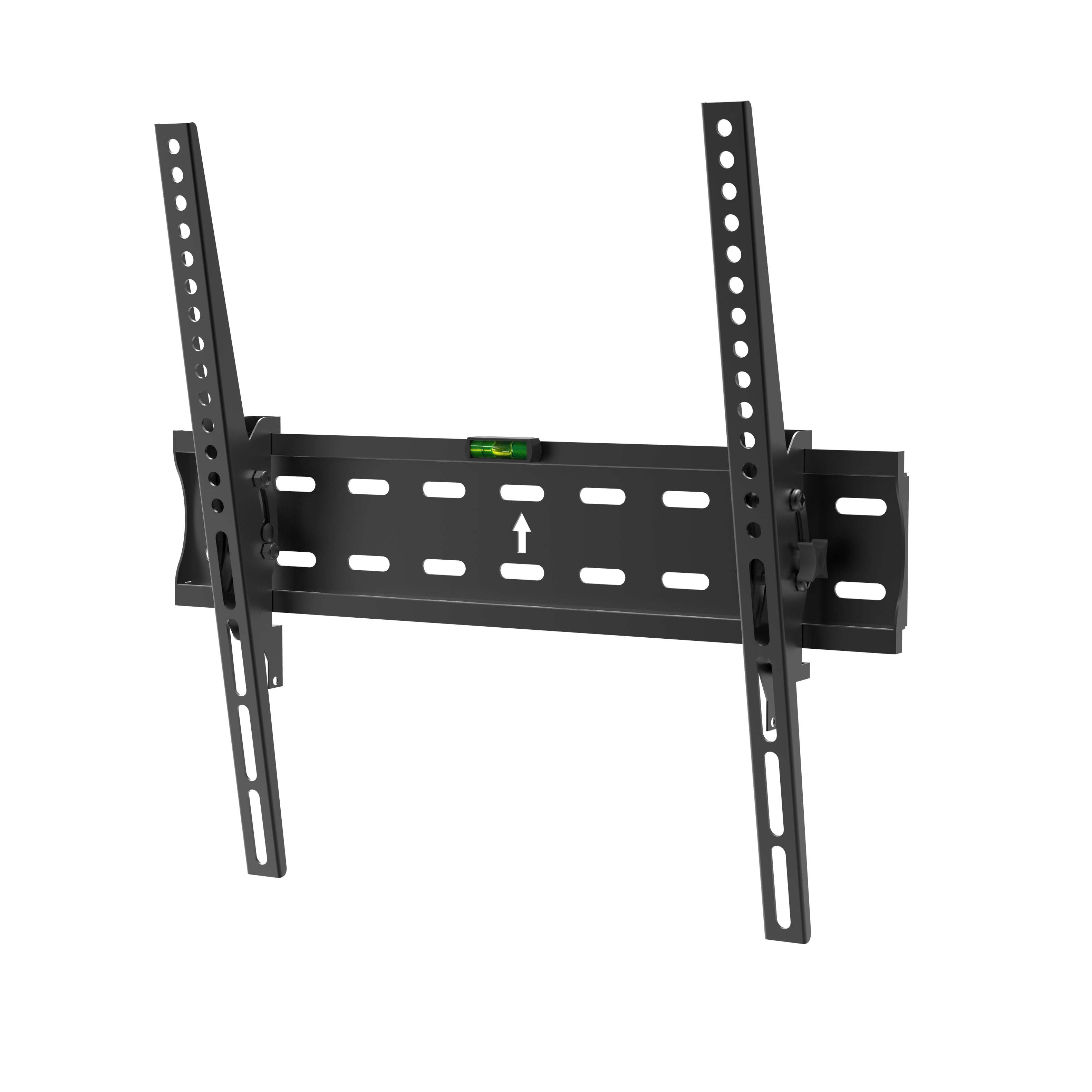 Soporte de TV negro para una pared. El soporte tiene dos soportes verticales. Indicador de nivel visible.