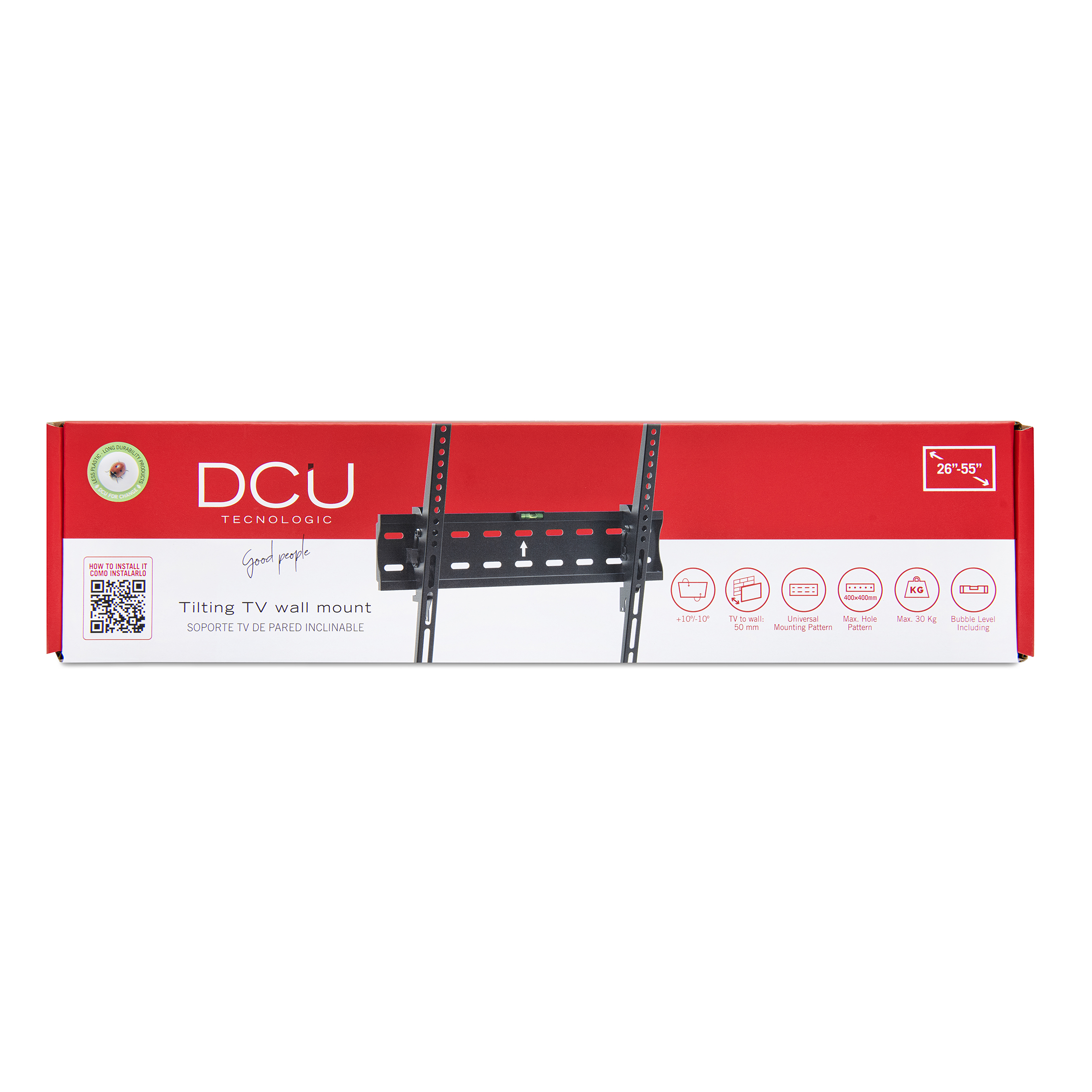 Una caja roja y blanca para un soporte de pared inclinable para TV. La caja tiene varios iconos y etiquetas.