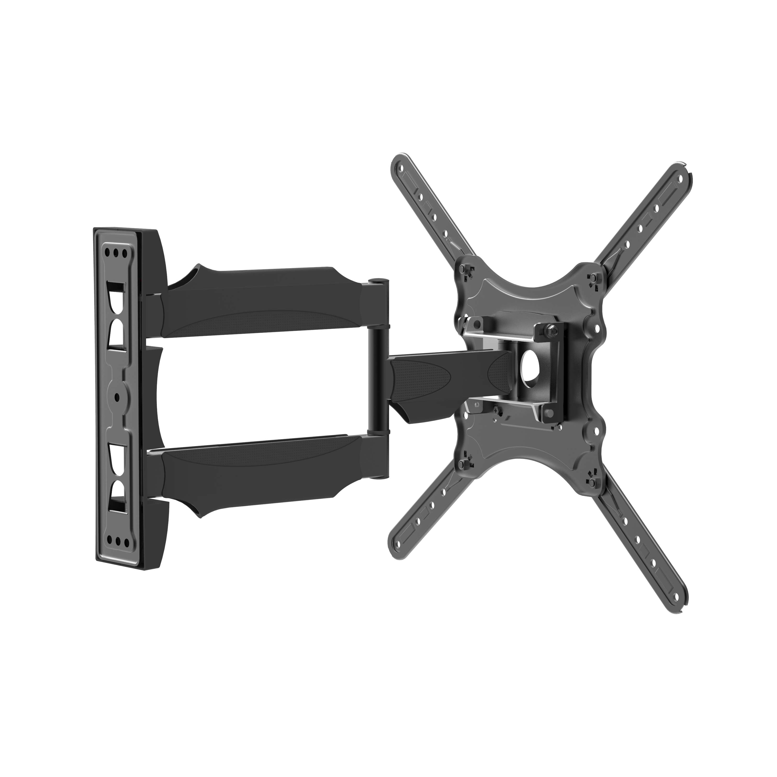 Soporte de pared para TV negro con brazo giratorio, diseñado para montaje en pared.