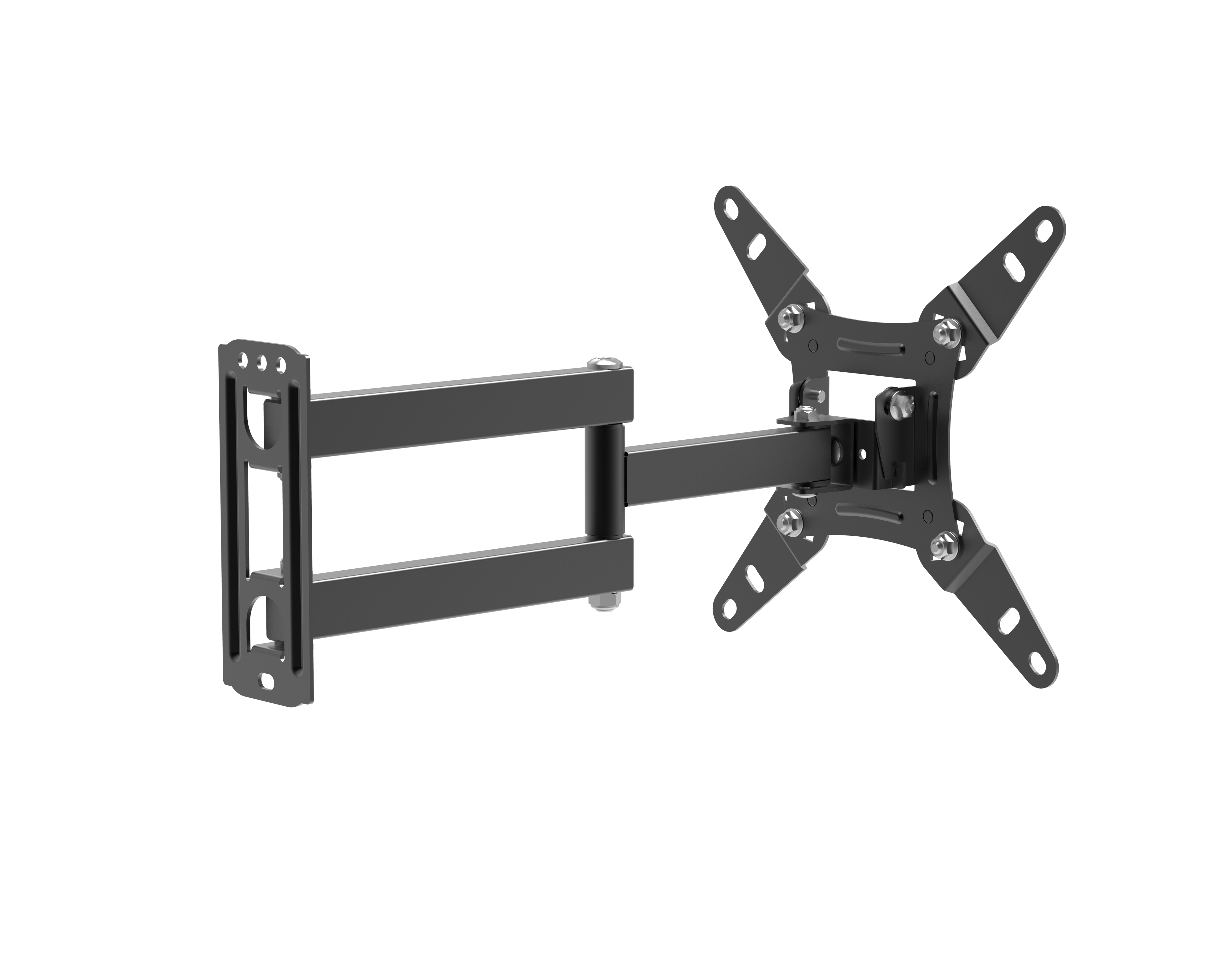 Soporte de pared para TV negro con múltiples brazos y una placa de montaje, aislado sobre blanco.